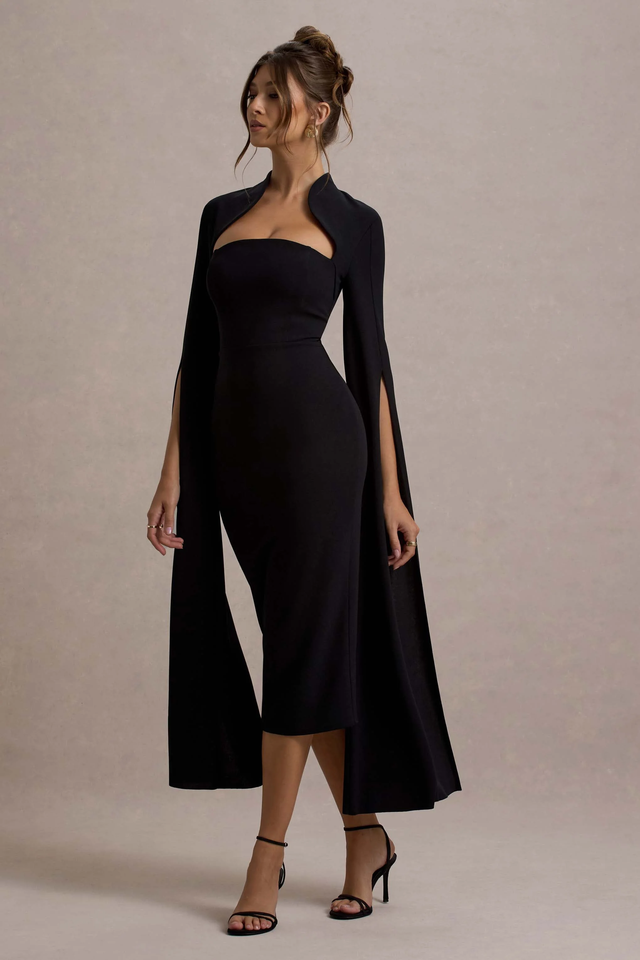 Linden | Zwarte Bodycon Cape Mouw Midi Jurk - Image 4