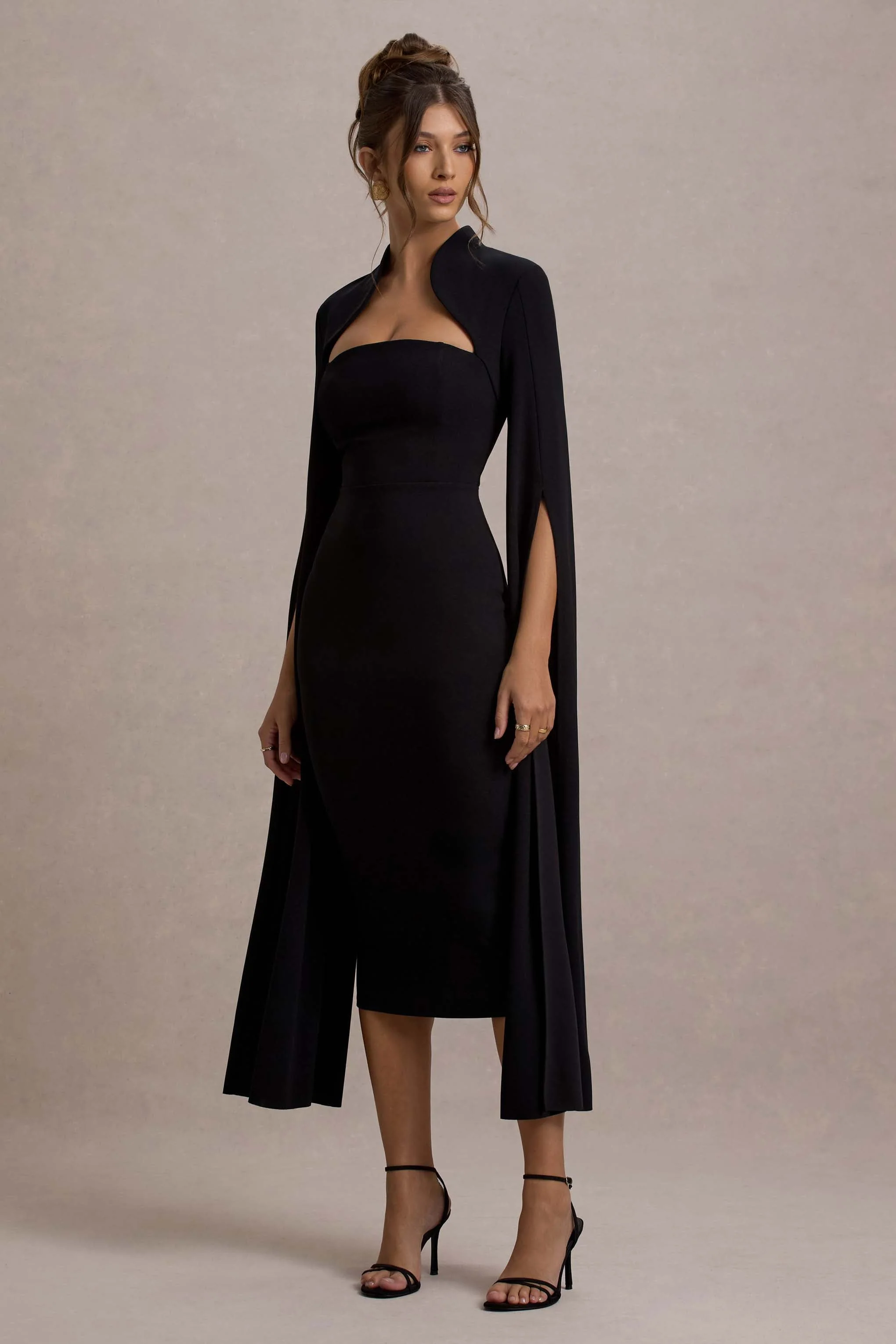 Linden | Zwarte Bodycon Cape Mouw Midi Jurk - Image 5