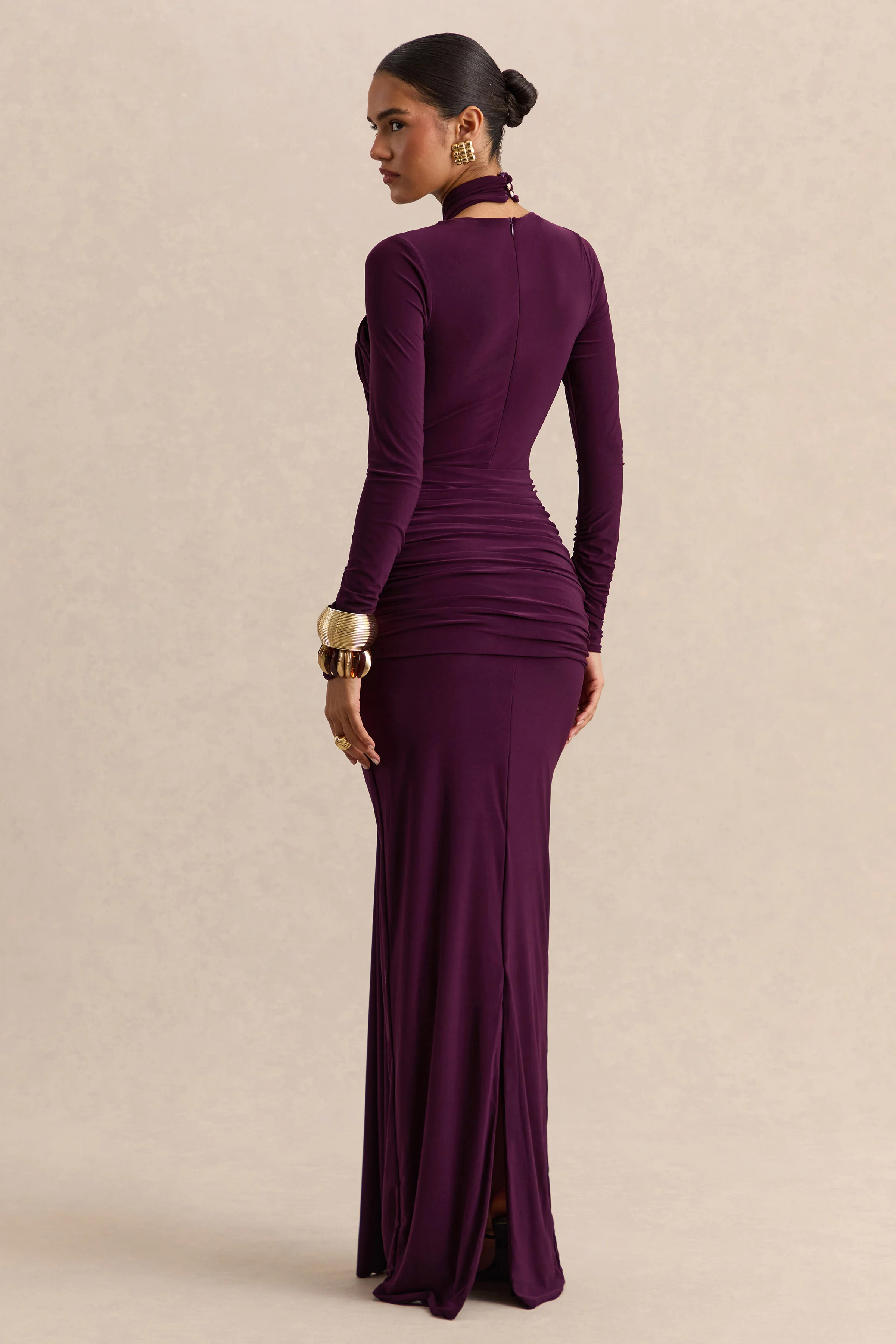 Linessa | Donkerpruim Hoge Hals Maxi Jurk met Ceintuur en Gerimpelde Details - Image 2