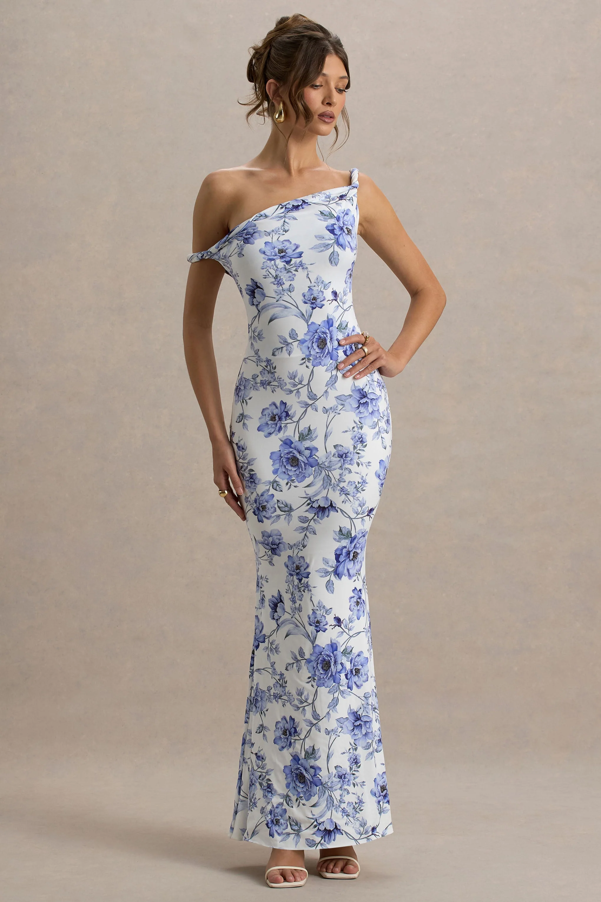 Lita | Blauwe Gedraaide Asymmetrisch Maxi Jurk Met Bloemen print