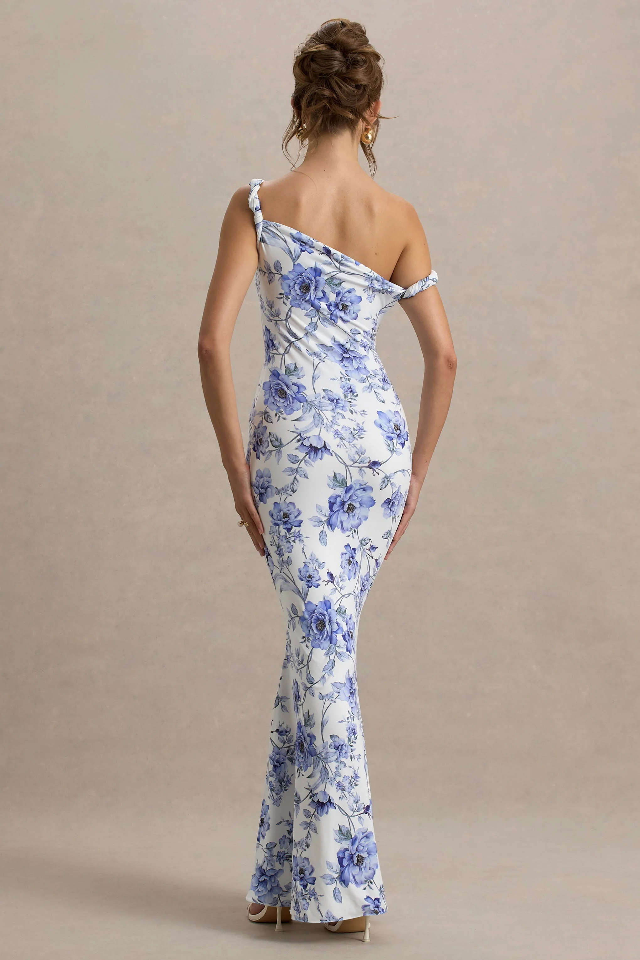 Lita | Blauwe Gedraaide Asymmetrisch Maxi Jurk Met Bloemen print - Image 2