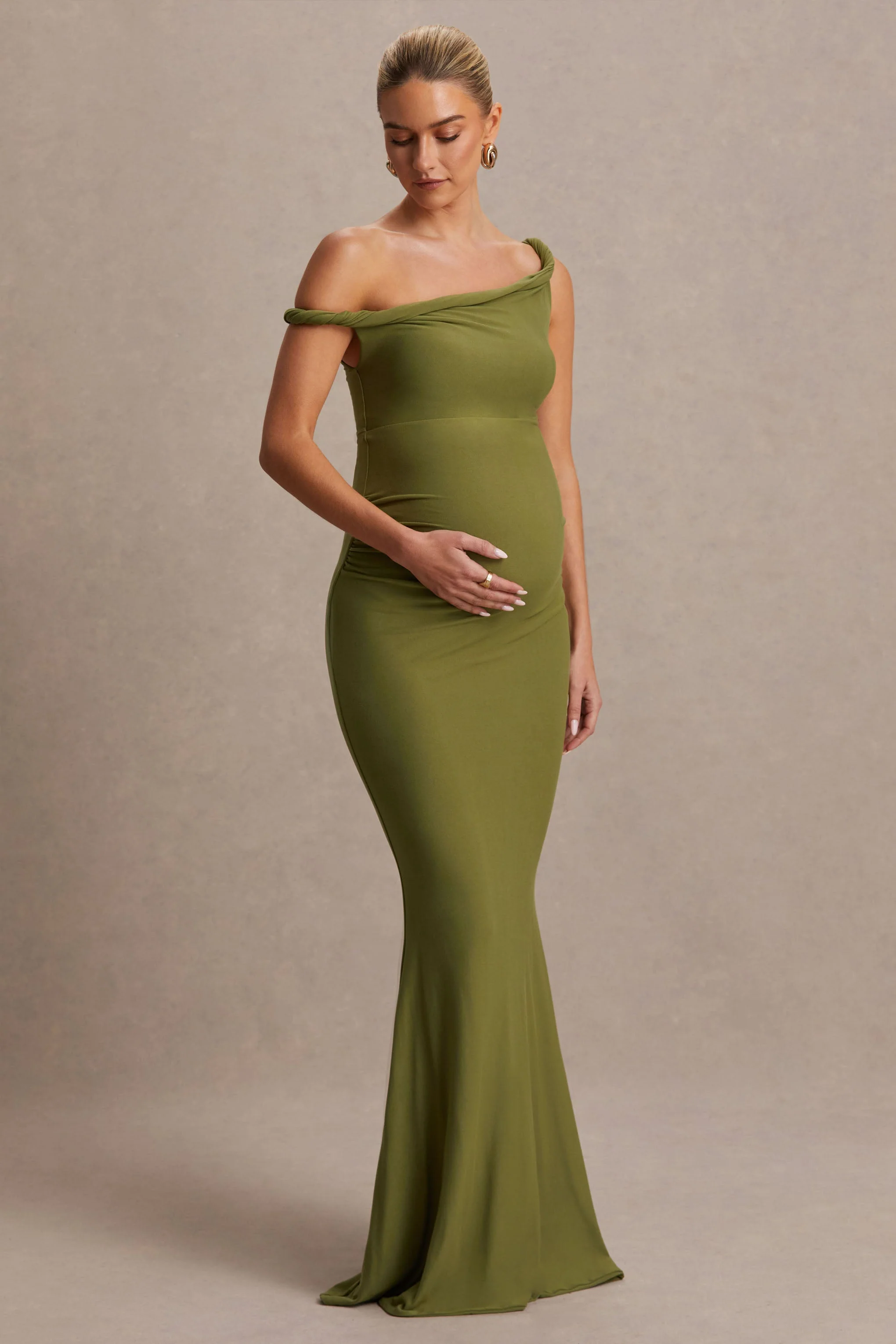 Lita | Olijfgroene Gedraaide Asymmetrische Zwangerschaps Maxi Jurk