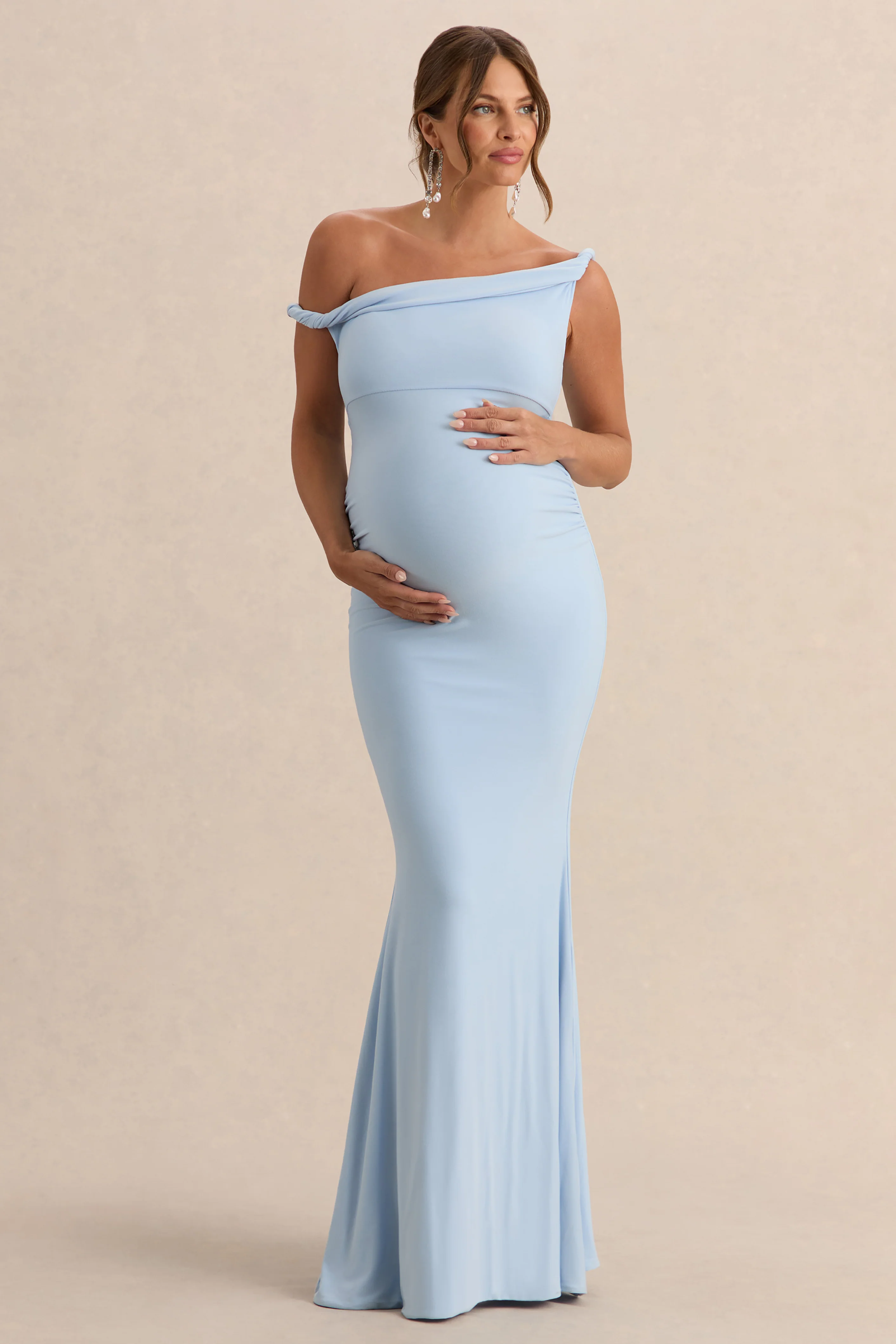 Lita | Poederblauwe Gedraaide Asymmetrische Zwangerschaps Maxi Jurk