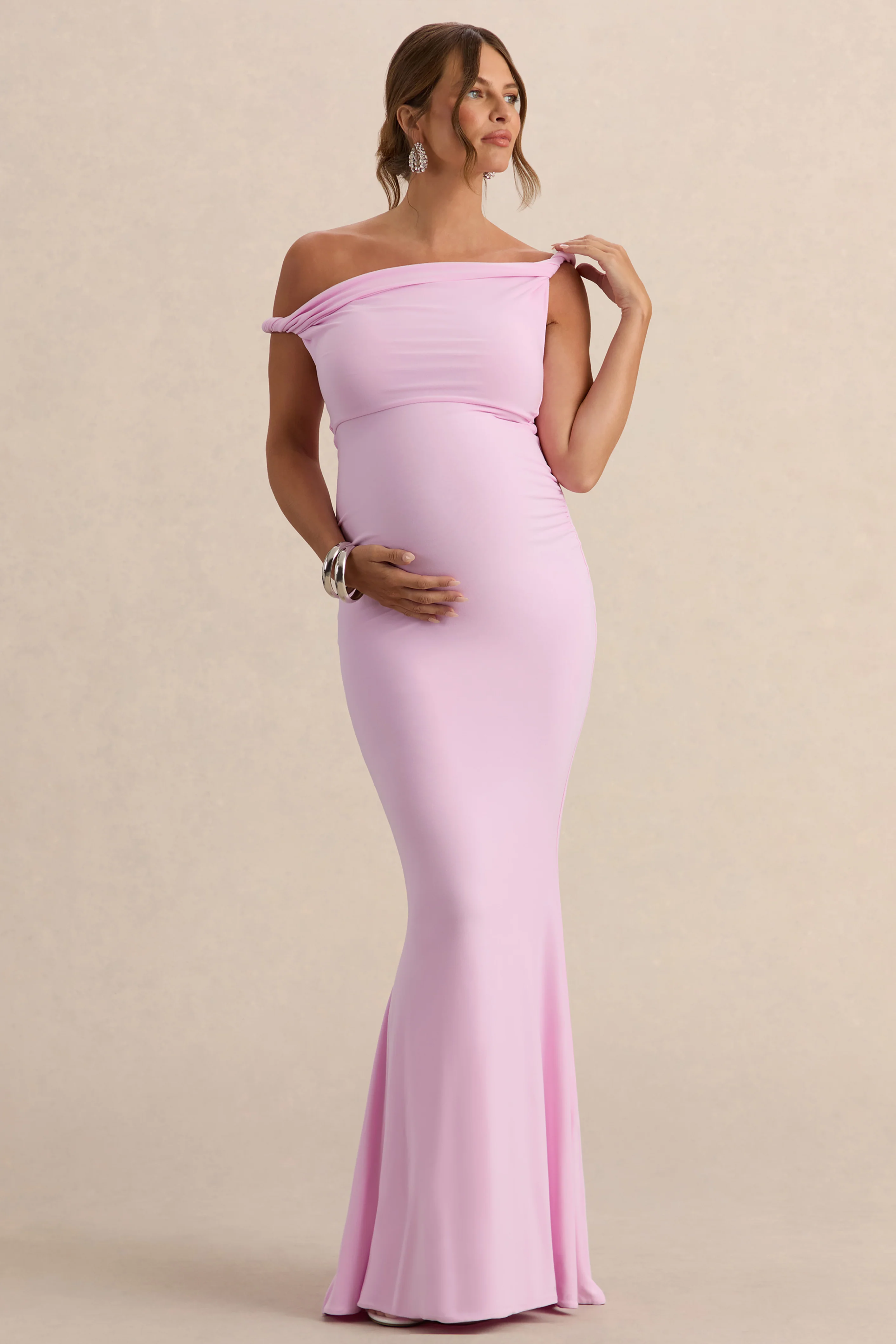 Lita | Roze Gedraaide Asymmetrische Zwangerschaps Maxi Jurk