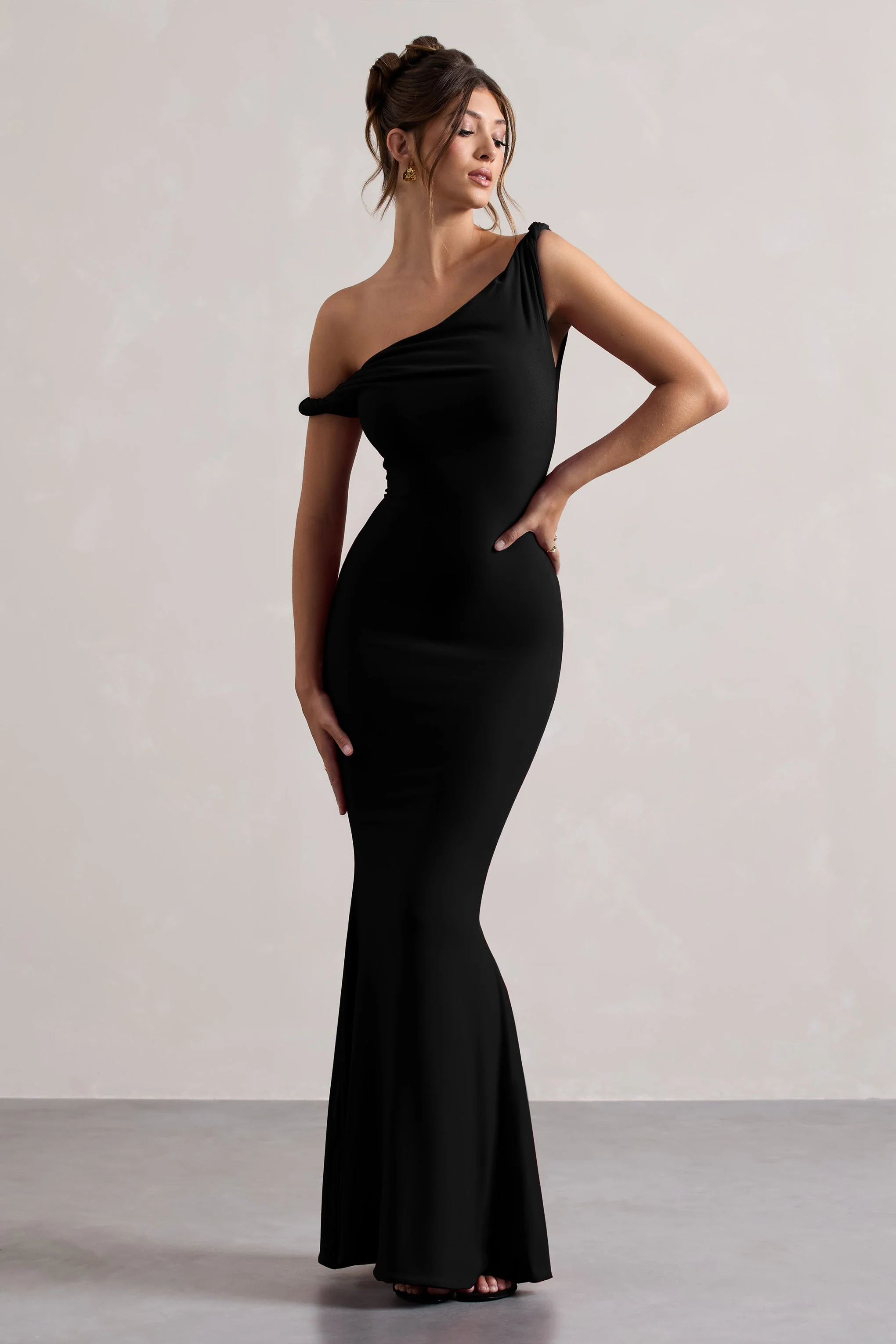 Lita | Zwarte Gedraaide Asymmetrische Maxi‑Jurk