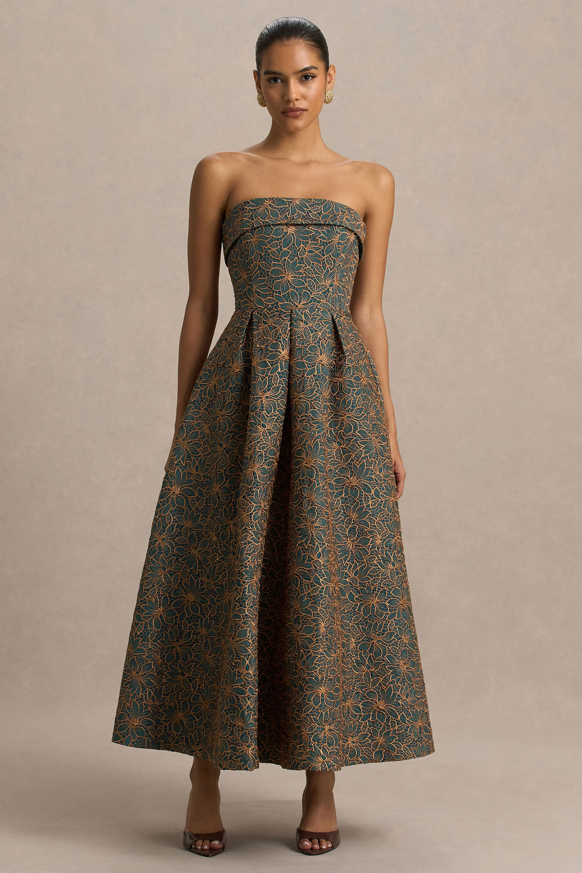 Loretta | Donkergroen En Roest Borduurde Bandeau Hals Midi Jurk