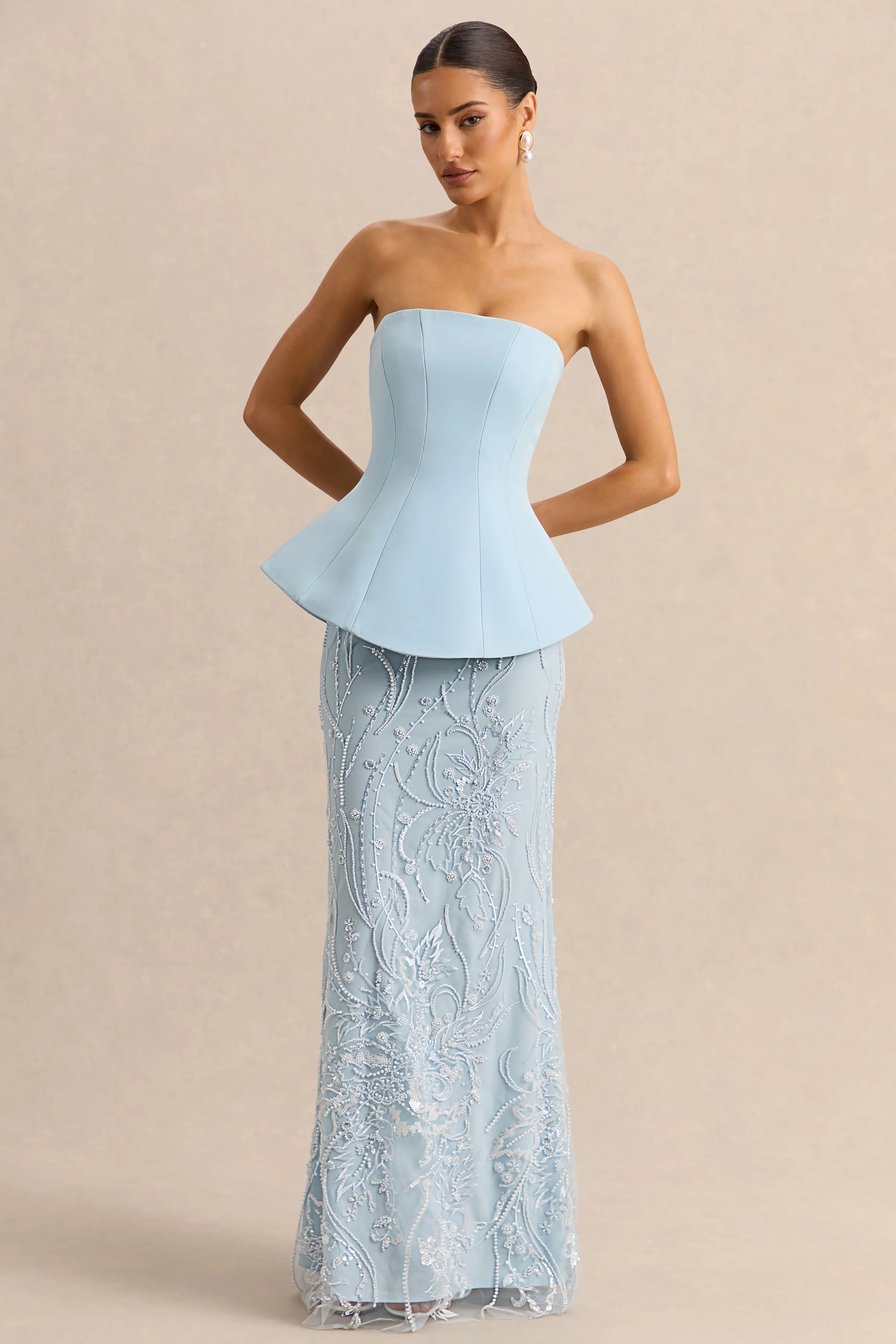 Lorna | Lichtblauwe Bandeau Maxi Jurk Met Sjaal - Image 6