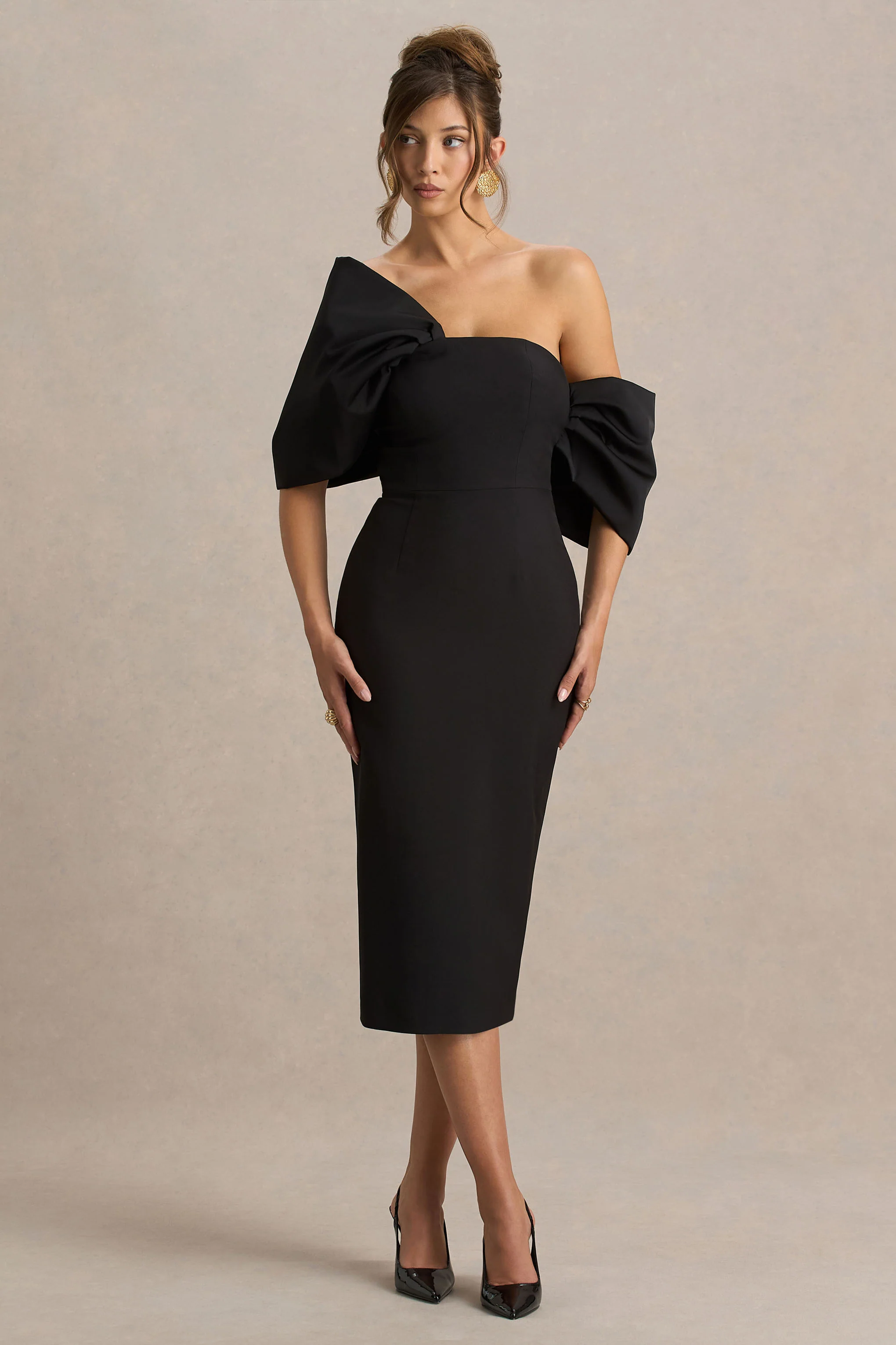 Lucille | Zwarte Asymmetrische Bardot Midi Jurk - Image 2