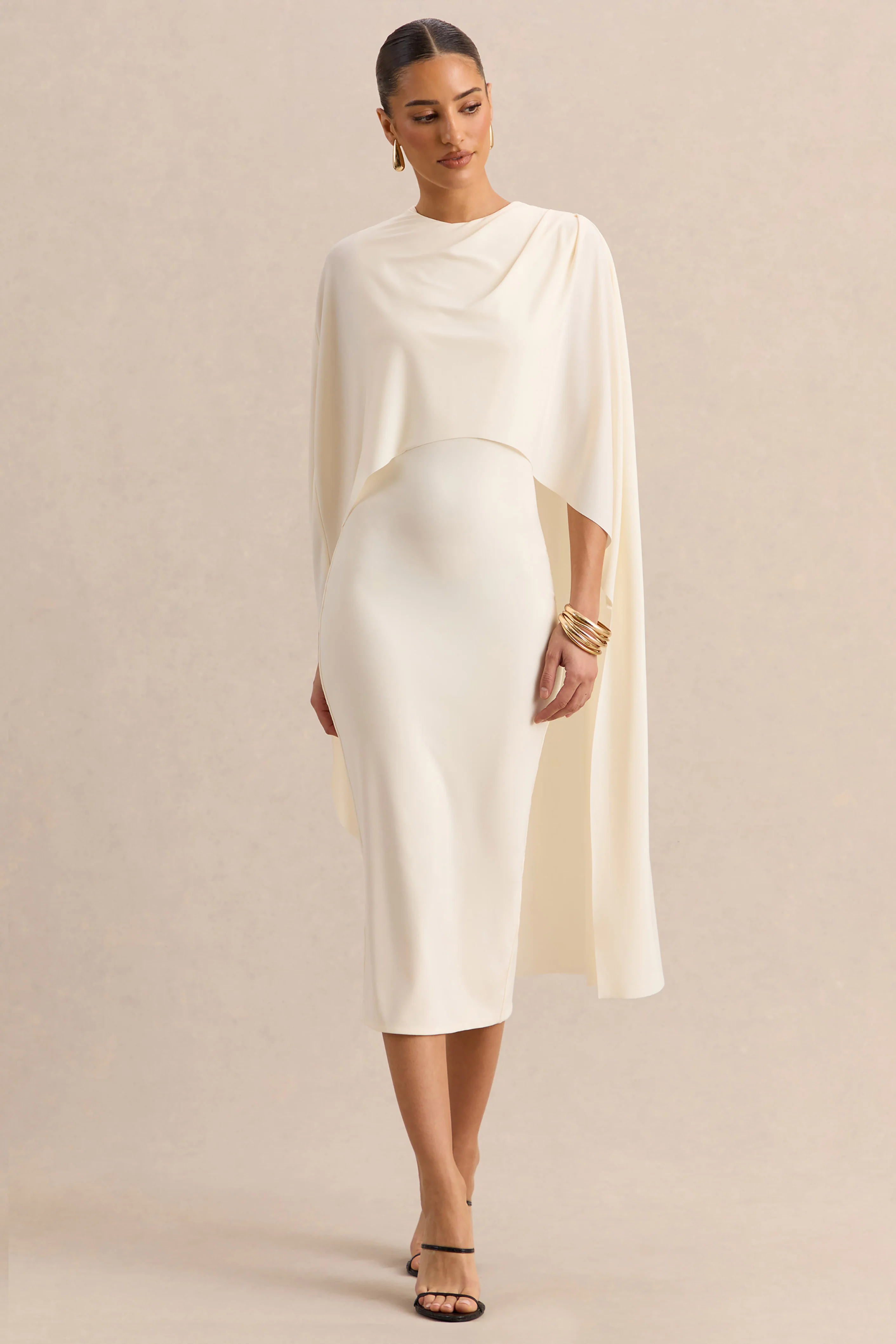 Luxalyn | Crème Midi Jurk Met Ronde Hals En Cape Detail