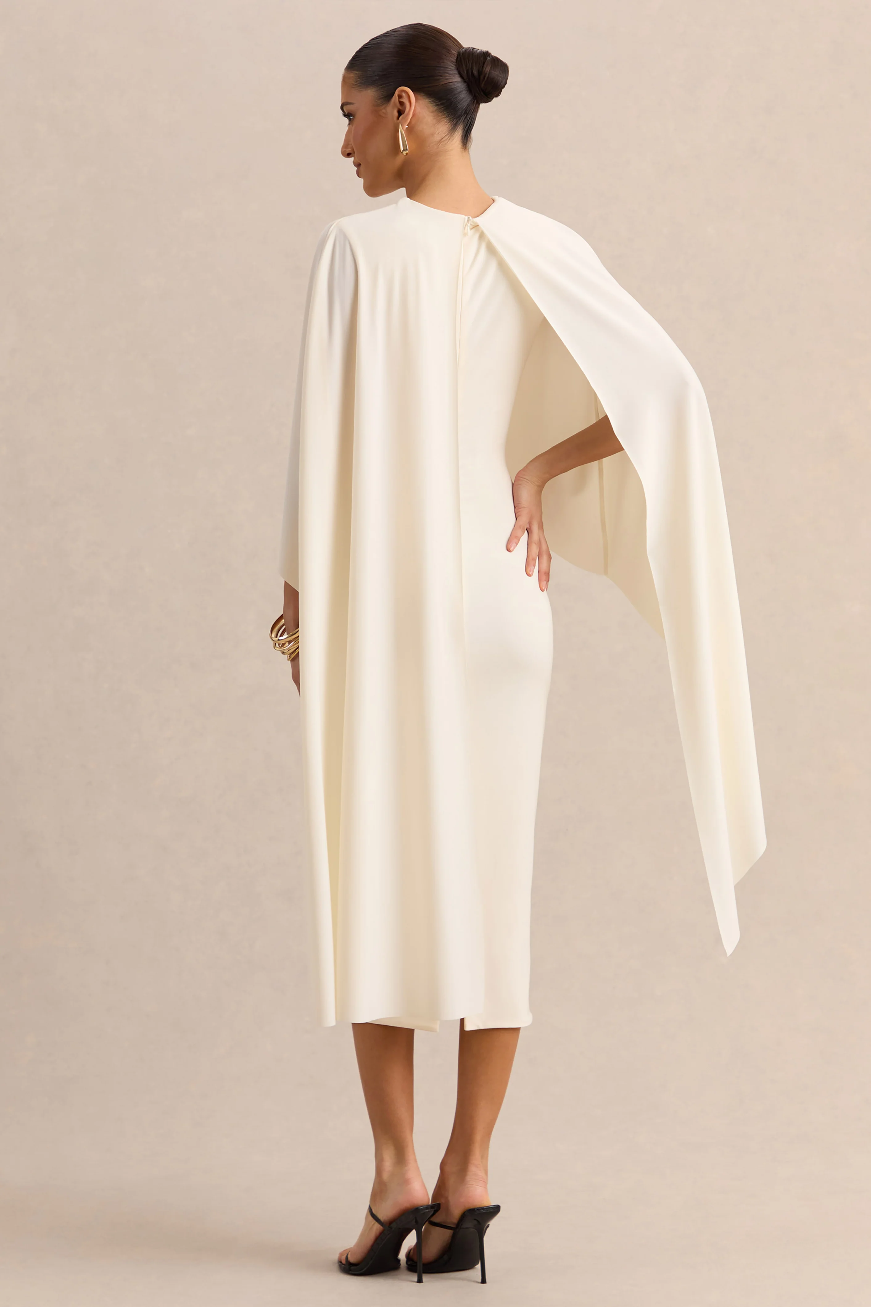 Luxalyn | Crème Midi Jurk Met Ronde Hals En Cape Detail - Image 2