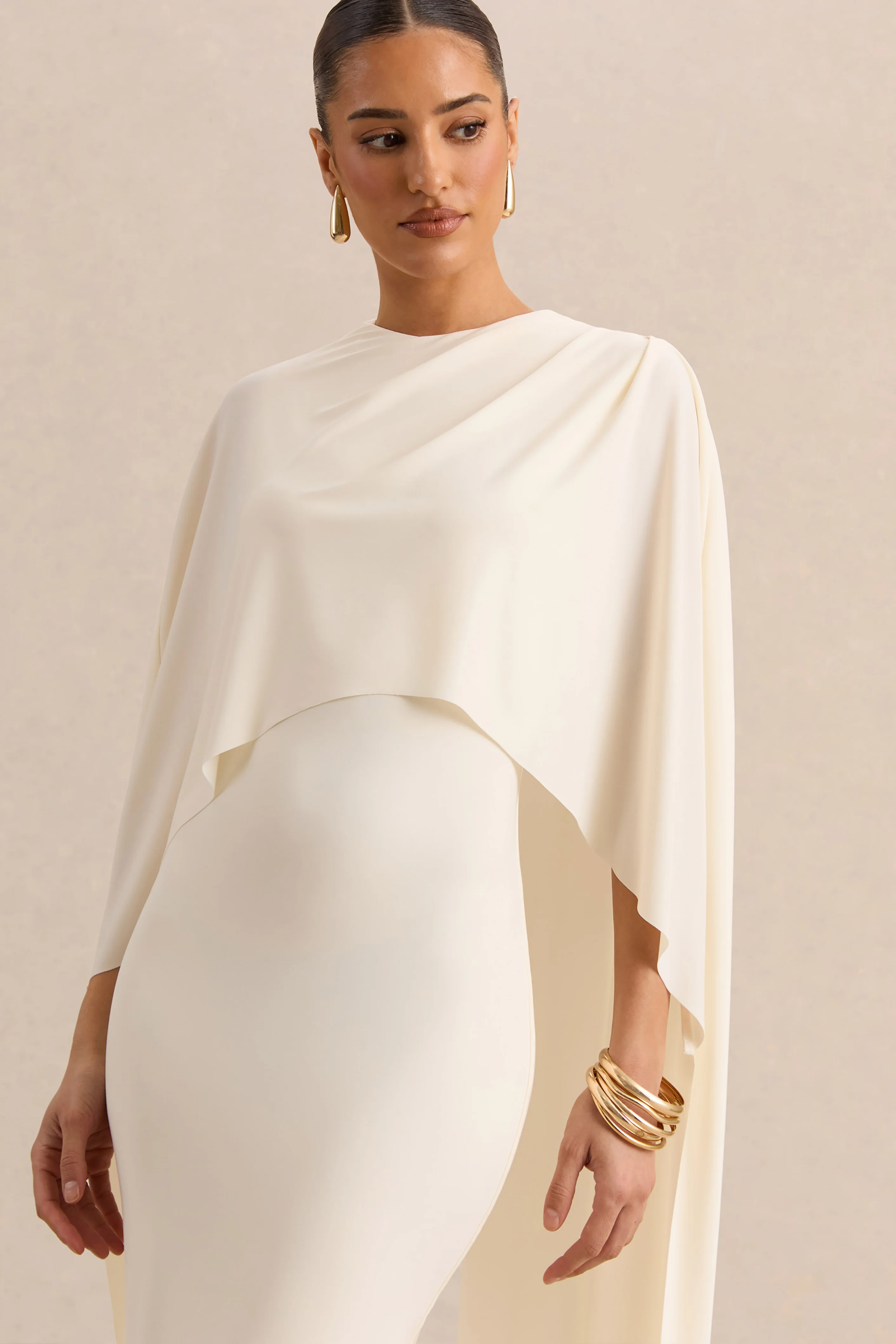 Luxalyn | Crème Midi Jurk Met Ronde Hals En Cape Detail - Image 3