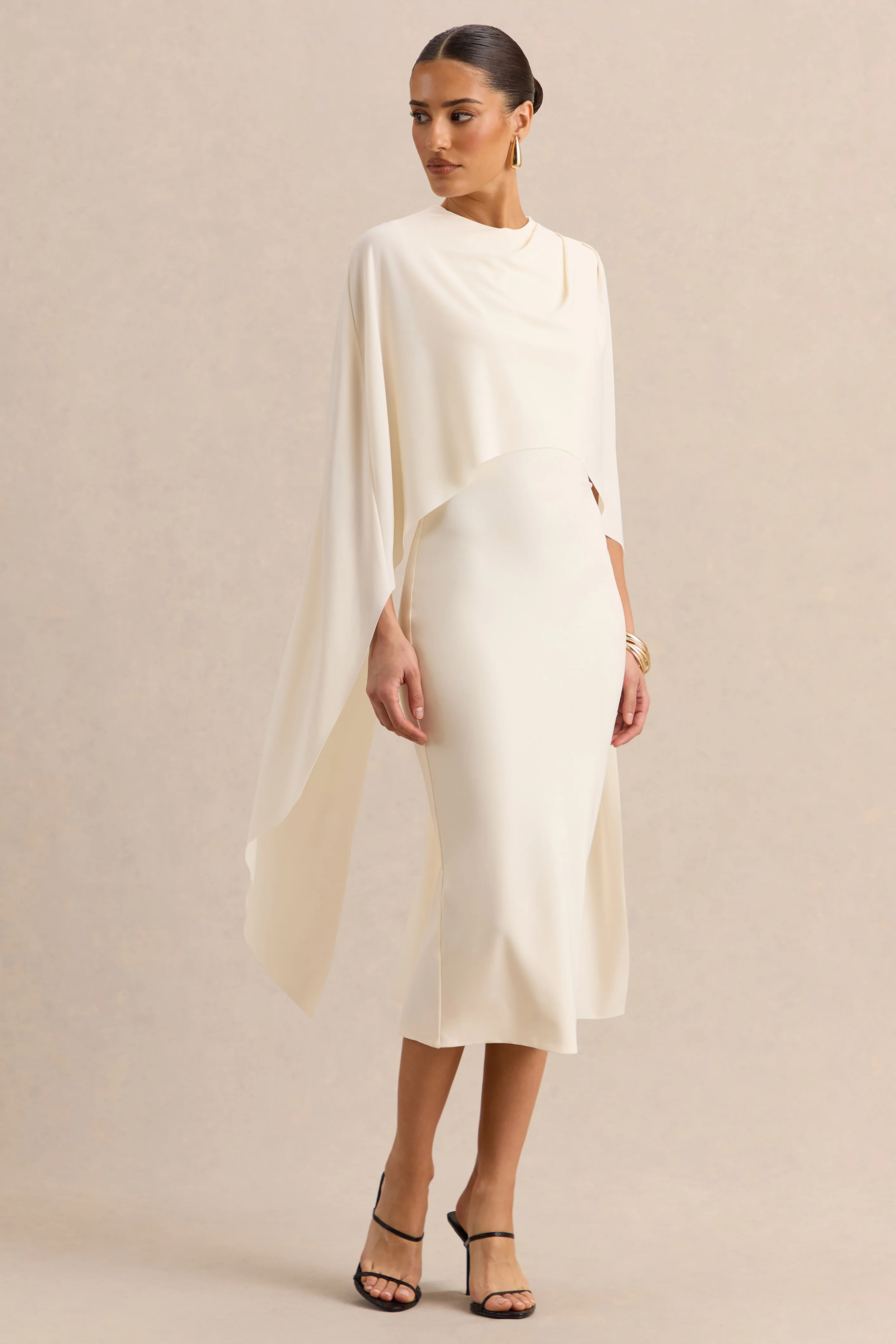 Luxalyn | Crème Midi Jurk Met Ronde Hals En Cape Detail - Image 4