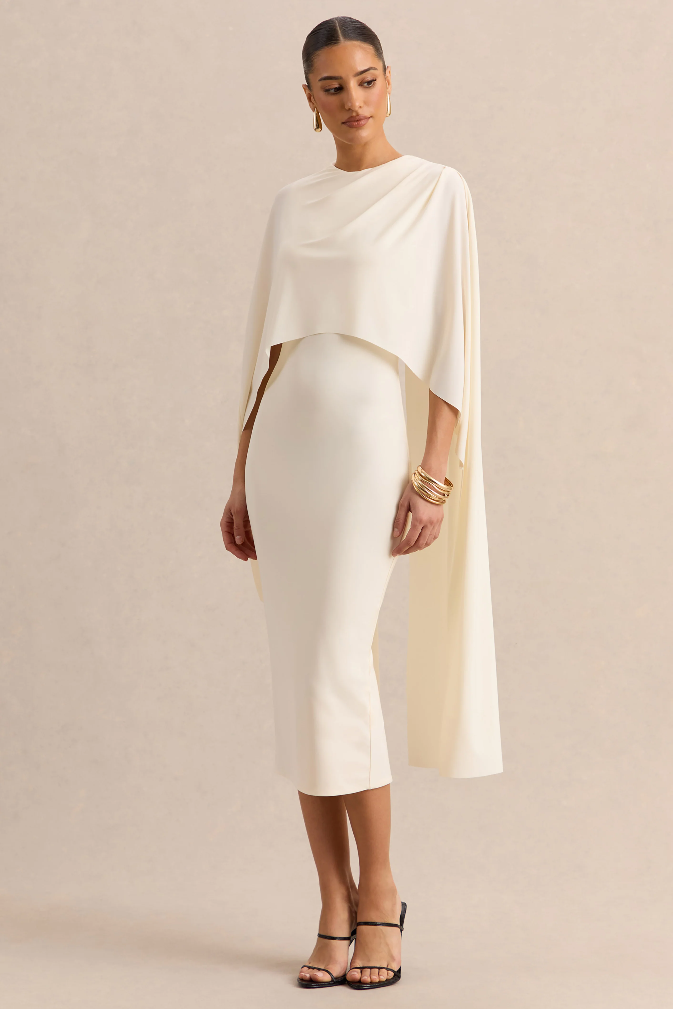 Luxalyn | Crème Midi Jurk Met Ronde Hals En Cape Detail - Image 6