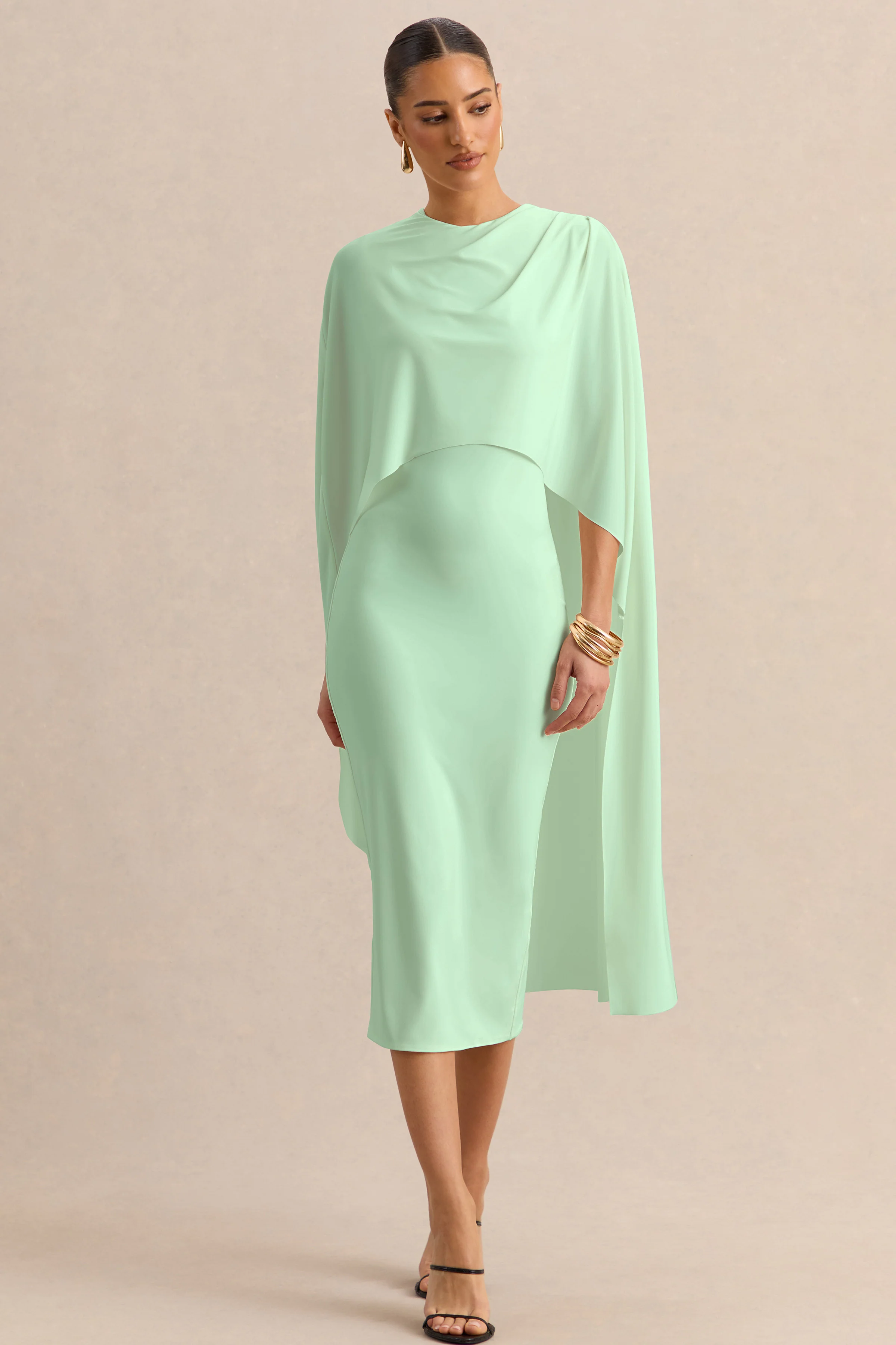 Luxalyn | Groene Midi Jurk Met Ronde Hals En Cape Detail