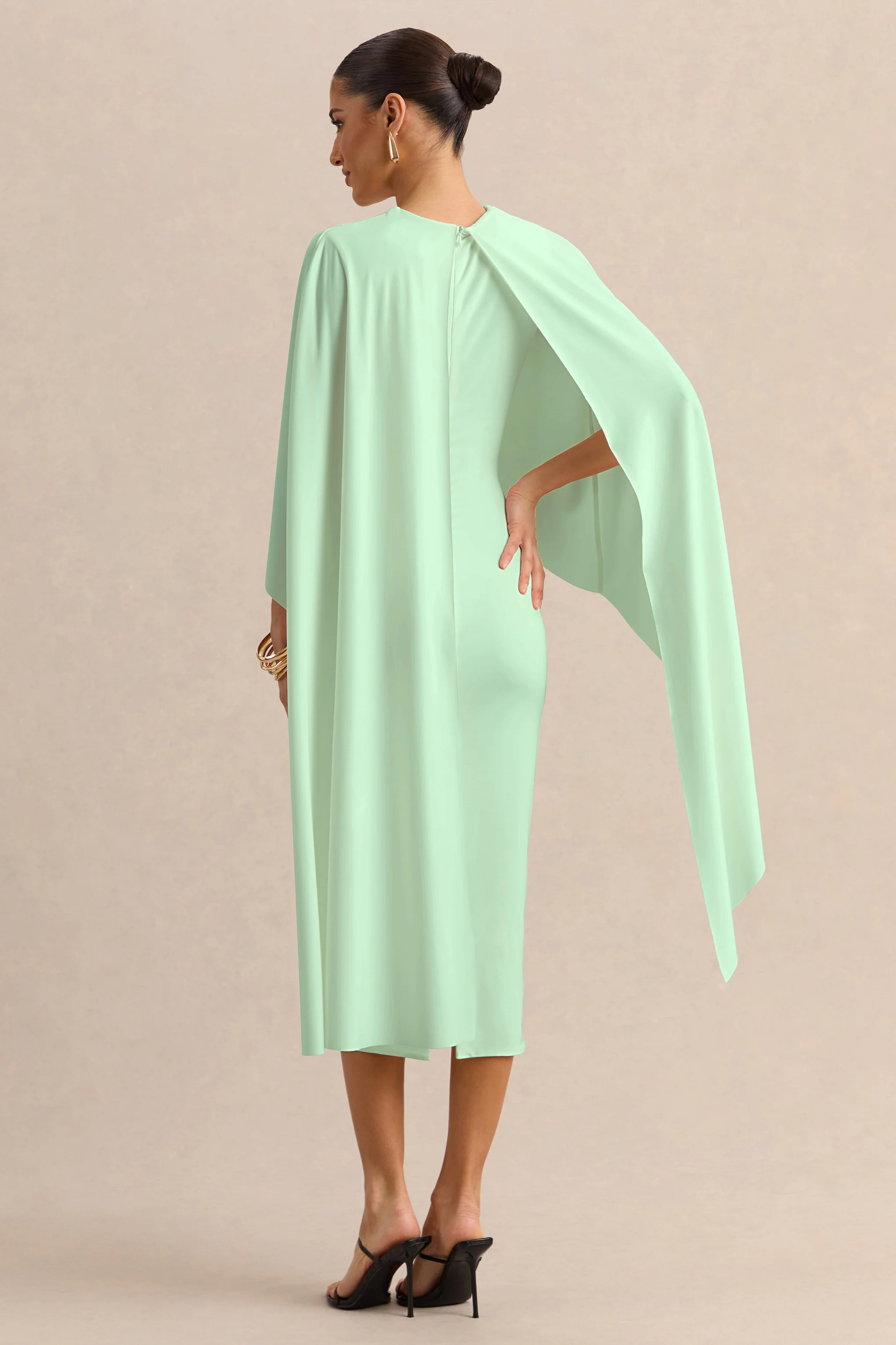 Luxalyn | Groene Midi Jurk Met Ronde Hals En Cape Detail - Image 2