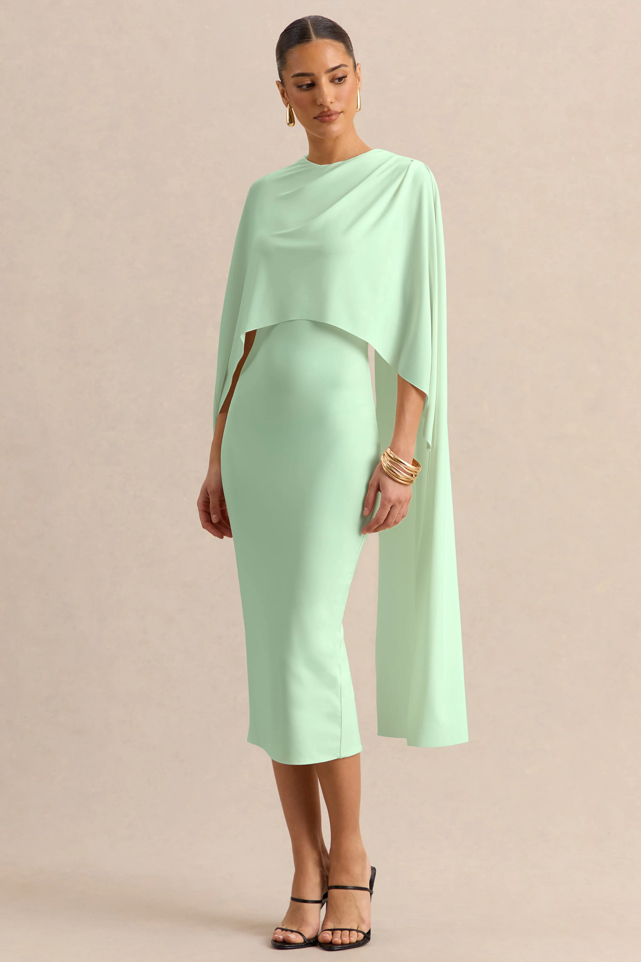 Luxalyn | Groene Midi Jurk Met Ronde Hals En Cape Detail - Image 5