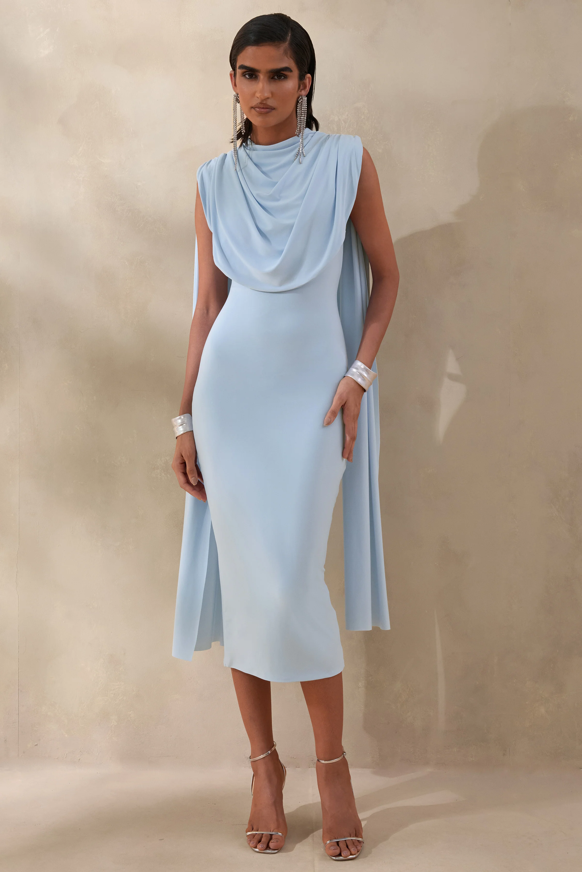 Lysandria | Lichtblauwe Midi Jurk met Hoge Hals en Draperende Details - Image 4