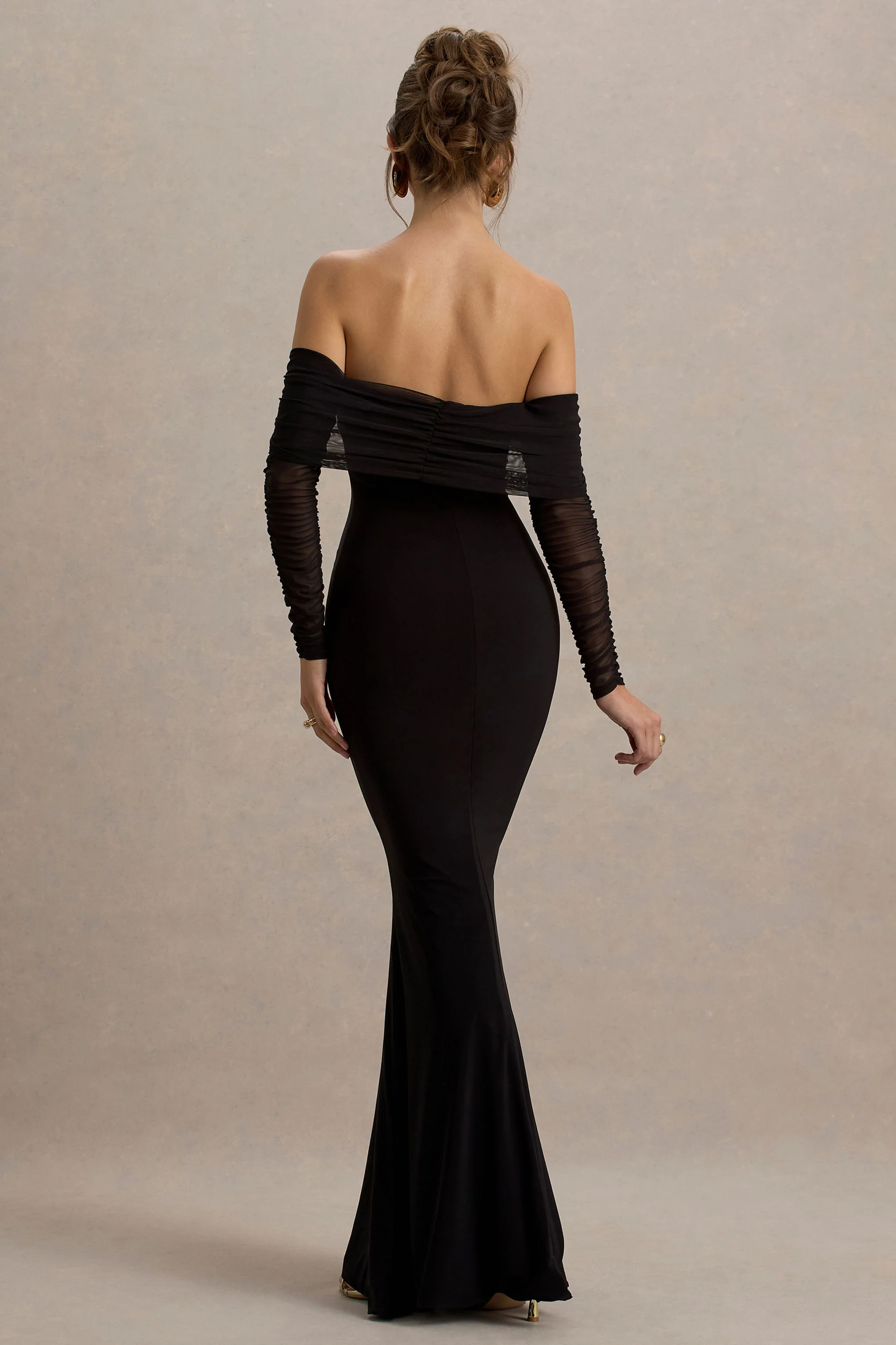 Madeleine | Zwarte Fishtail Maxi Jurk Met Bardot Mesh Lange Mouwen - Image 2