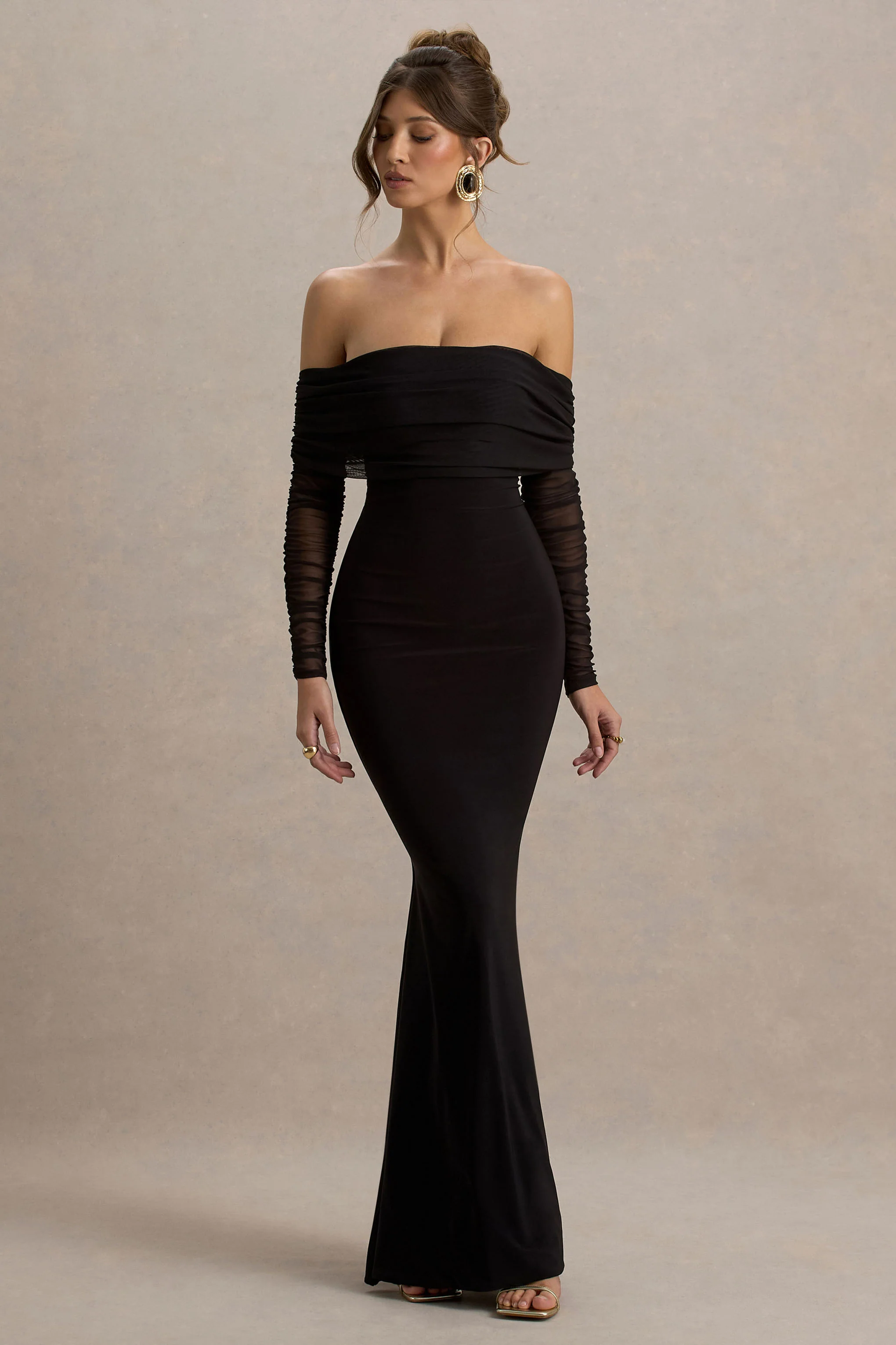 Madeleine | Zwarte Fishtail Maxi Jurk Met Bardot Mesh Lange Mouwen - Image 4