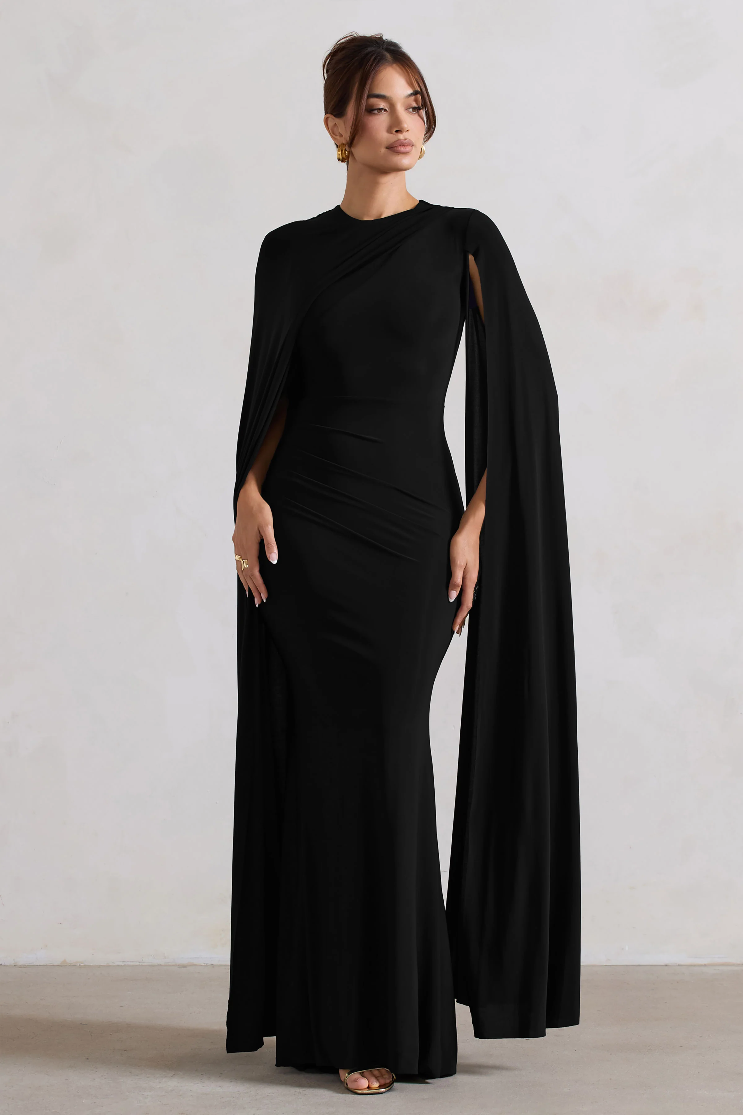 Magdelena | Zwarte Asymmetrische Cape Maxi Jurk