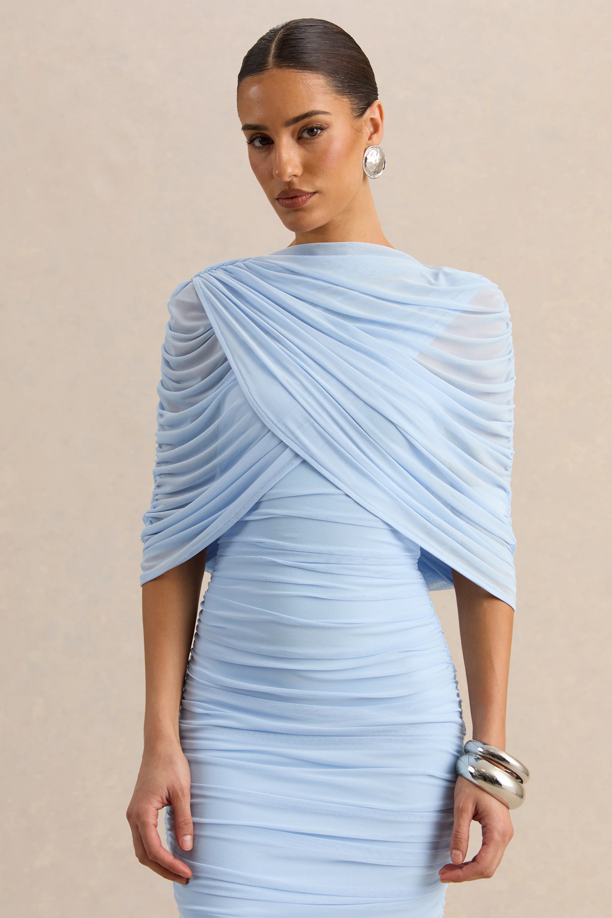Magoria | Poederblauwe Mesh Ronde Hals Cape