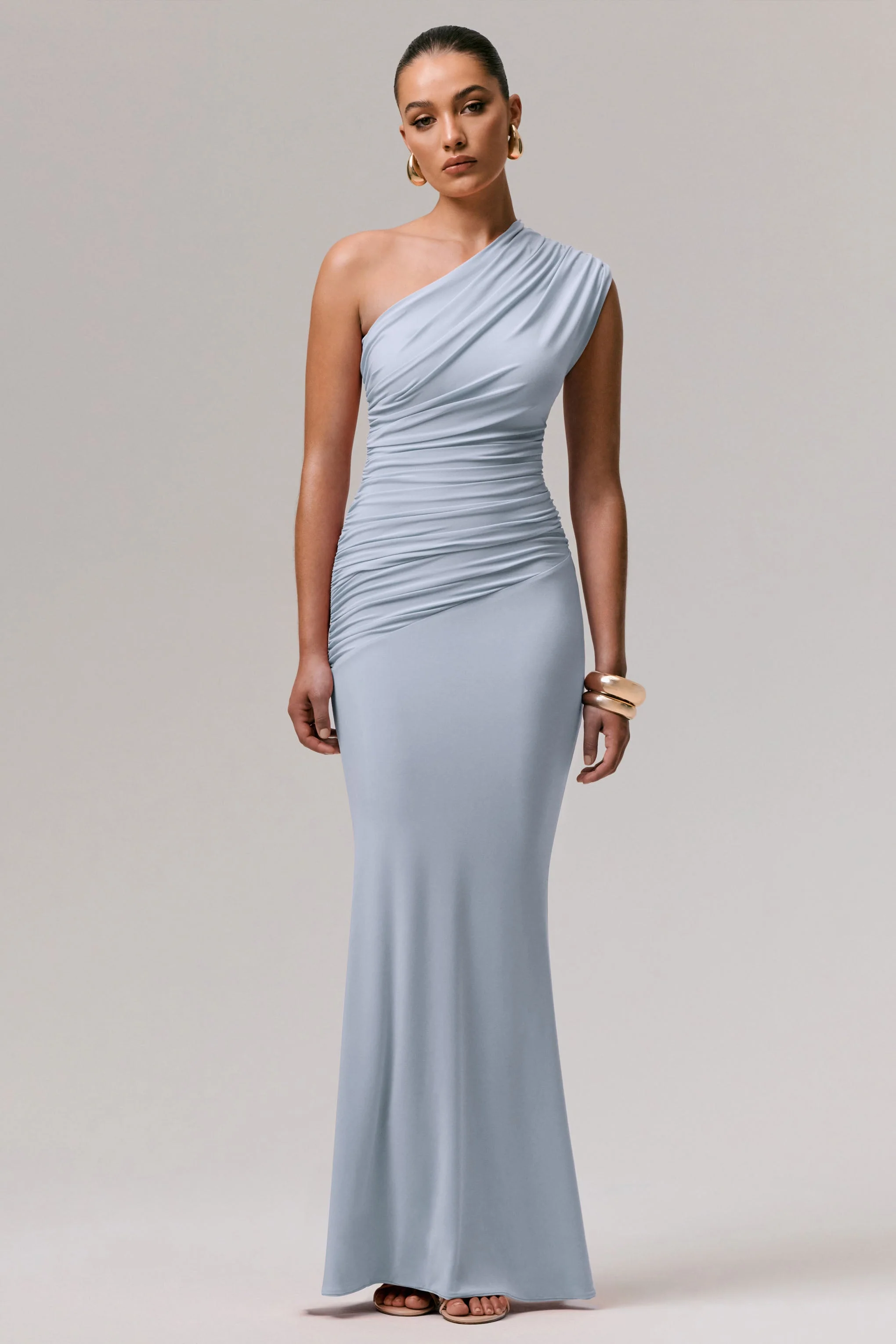 Mardi | Poederblauwe Asymmetrische Maxi Jurk Met Gerimpelde Details - Image 5