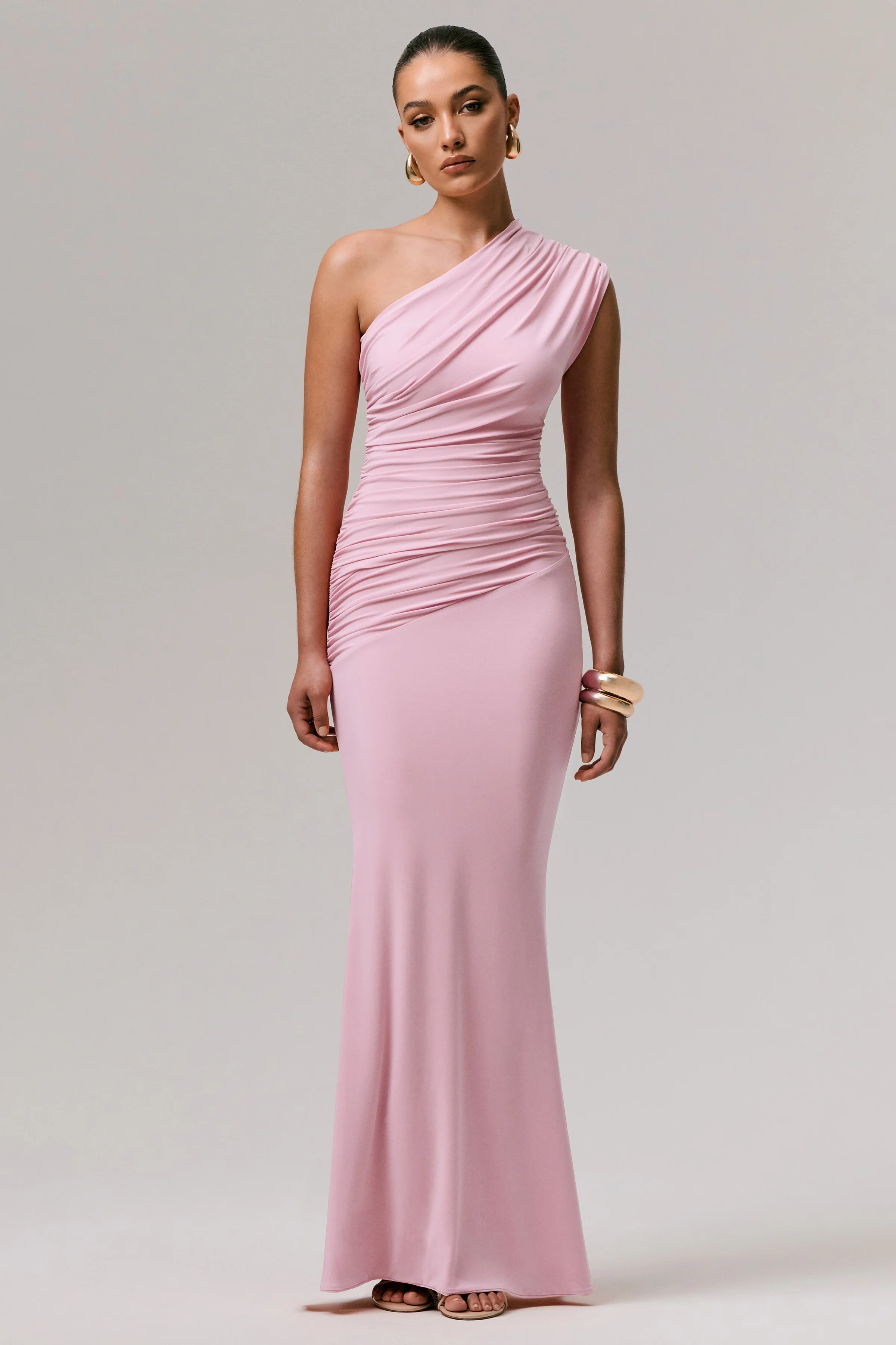Mardi | Roze Asymmetrische Maxi Jurk Met Gerimpelde Details