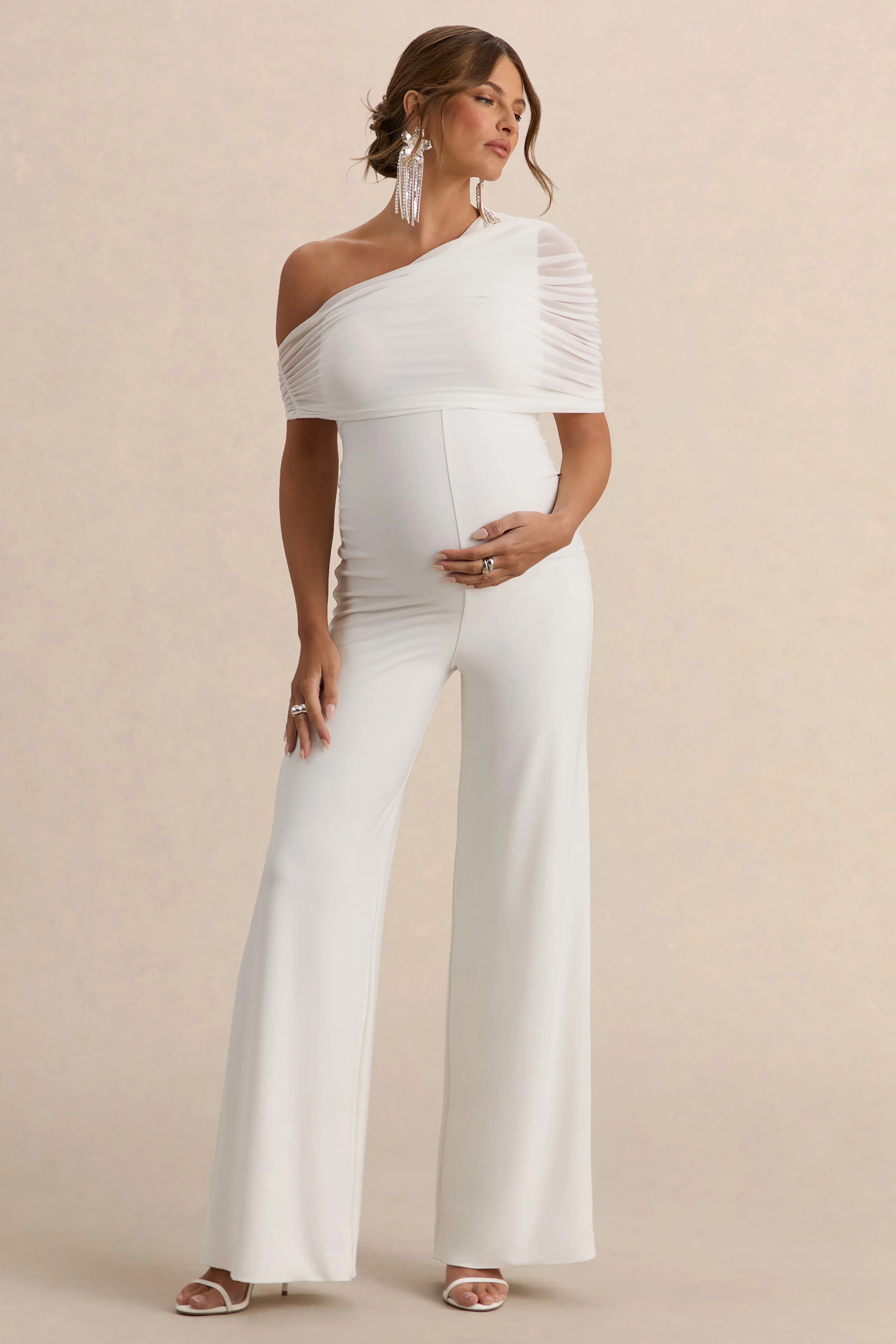Mariska | Witte Asymmetrische Hals Zwangerschaps Jumpsuit - Image 4