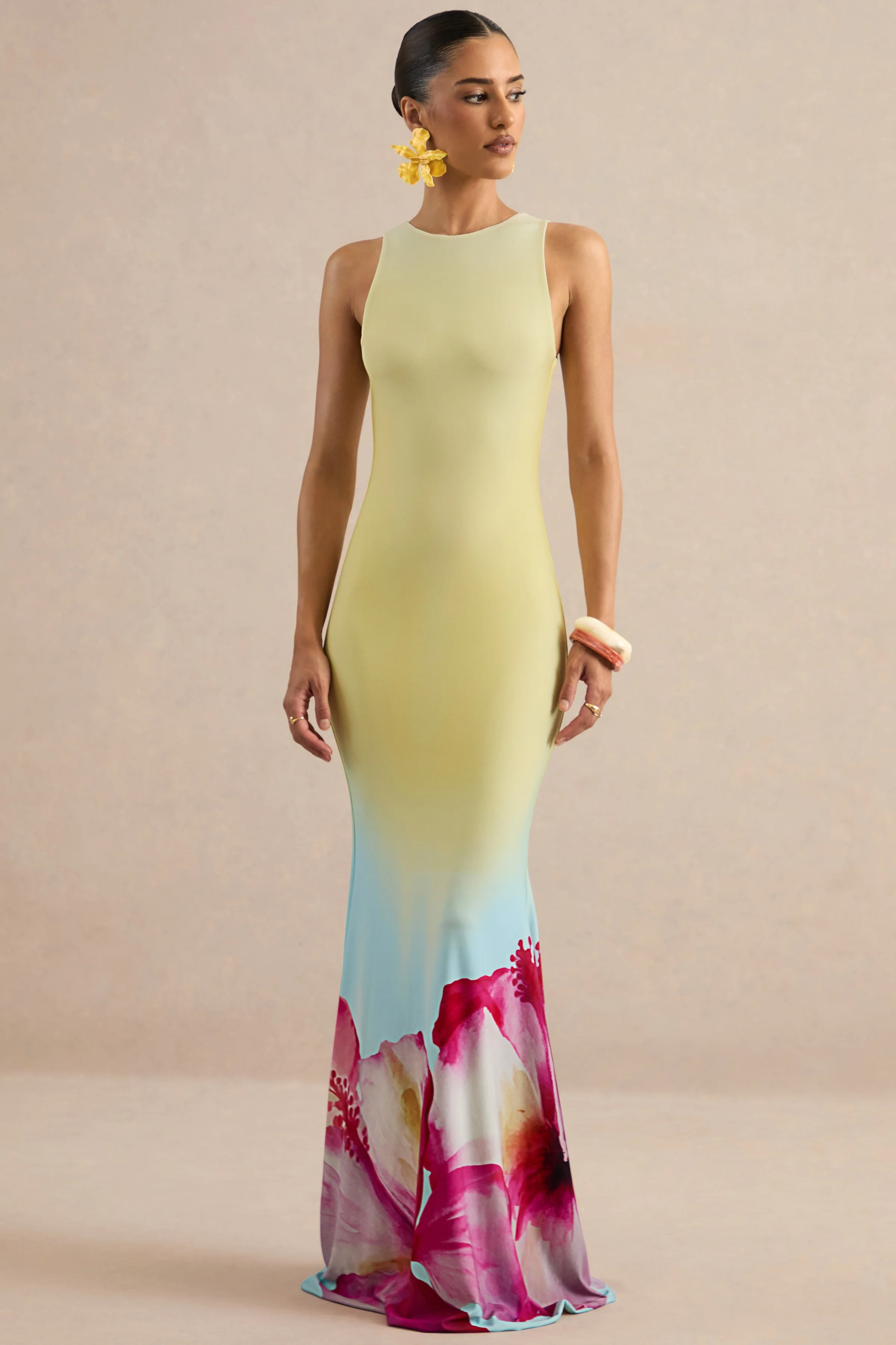 Marlo | Gele Ombré Lelieprint Maxi Jurk