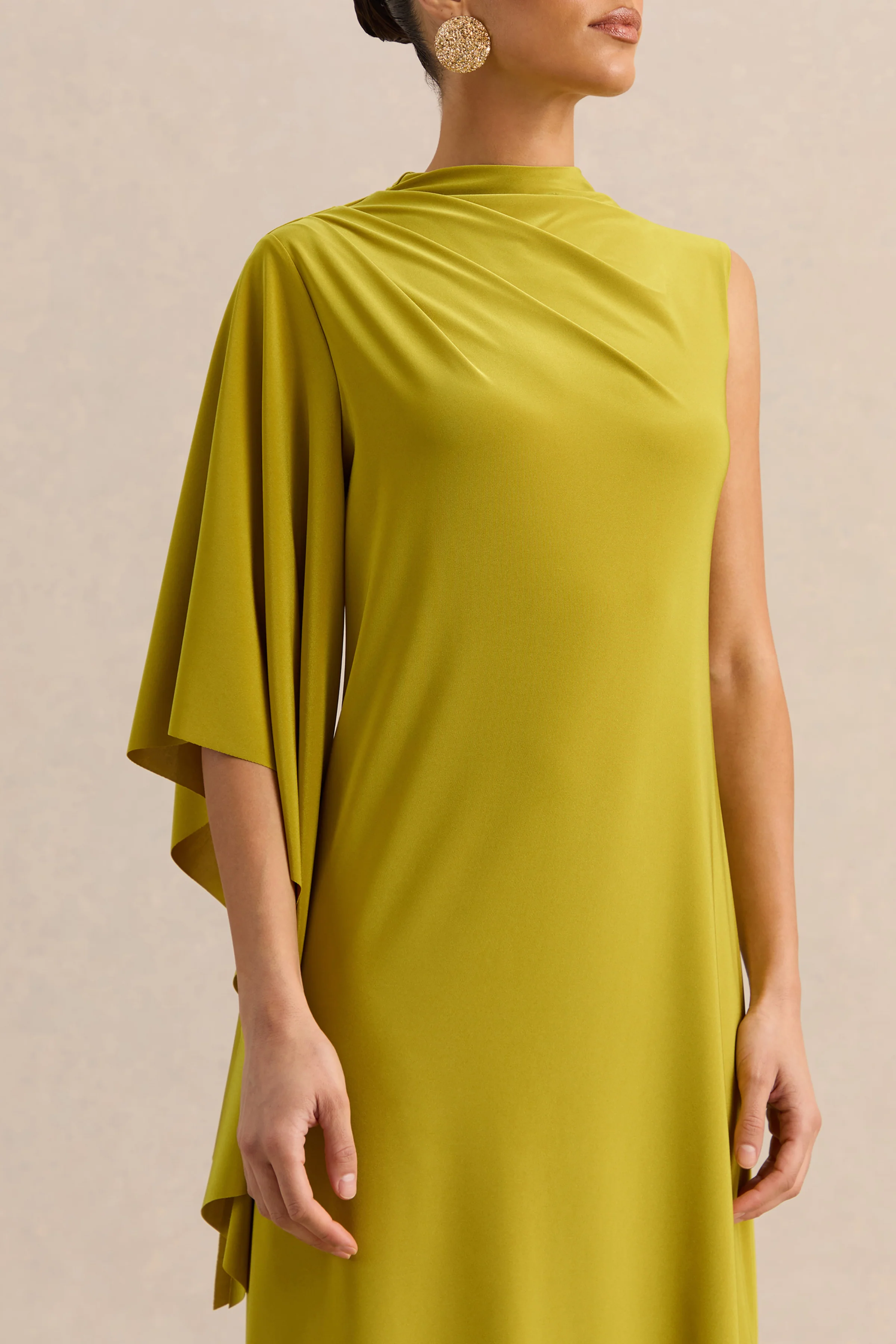 Marosia | Olijfgroene Maxi Jurk Met Hoge Hals En Één Lange Mouw - Image 6