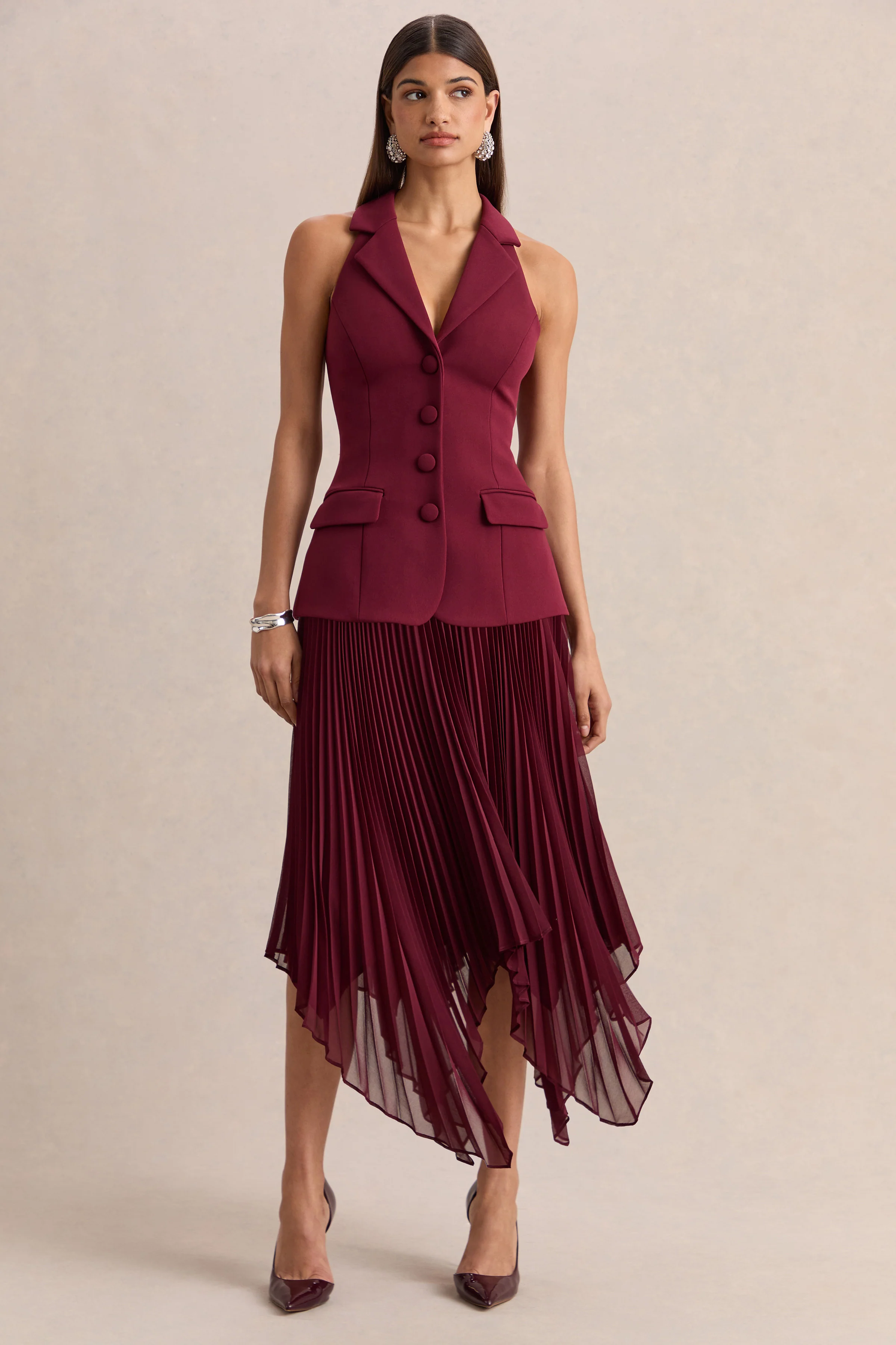 Marvelle | Bordeaux Diepe V-Hals Maxi Jurk Met Zakdoek Zoom - Image 6