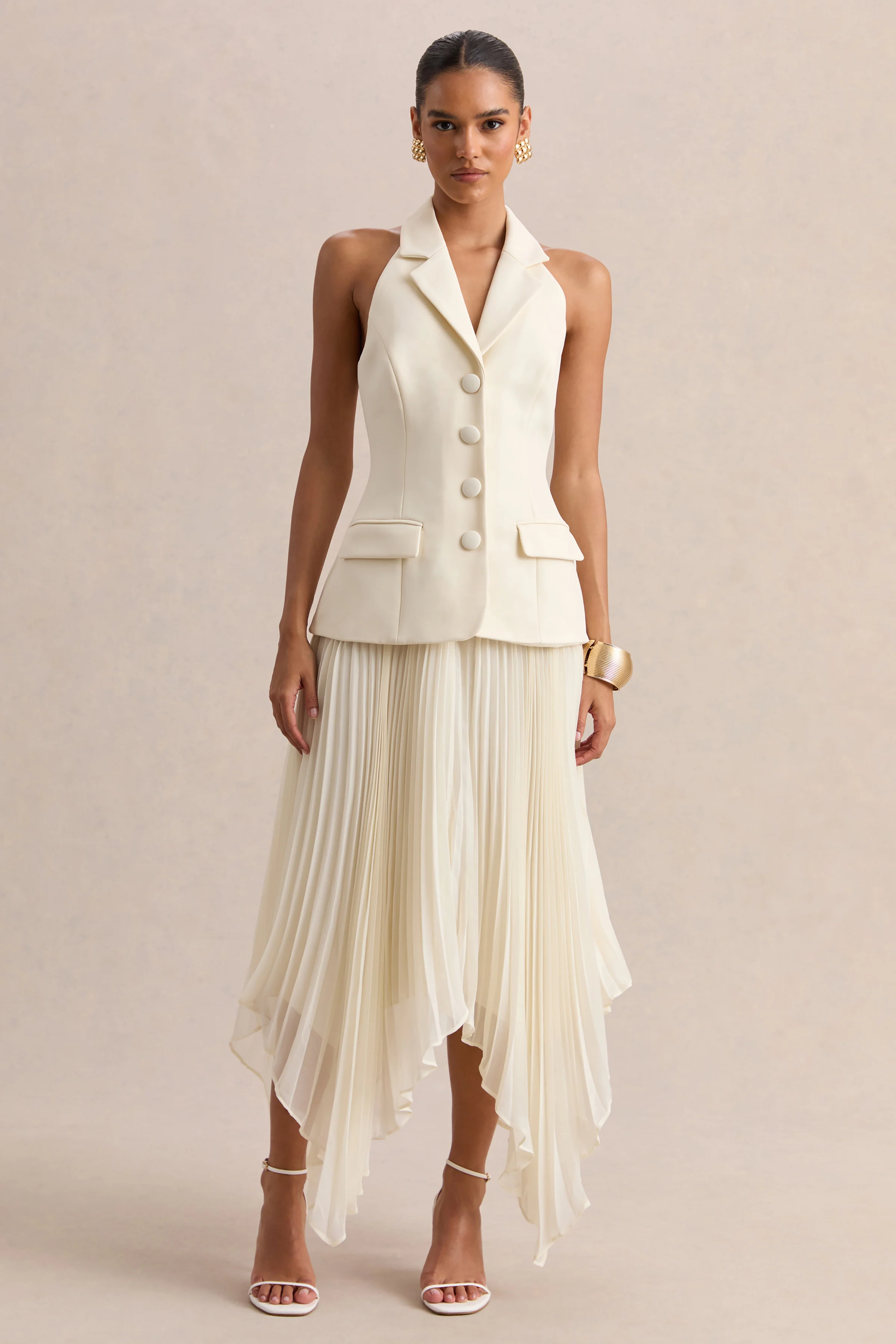 Marvelle | Crème Diepe V-Hals Maxi Jurk Met Zakdoek Zoom