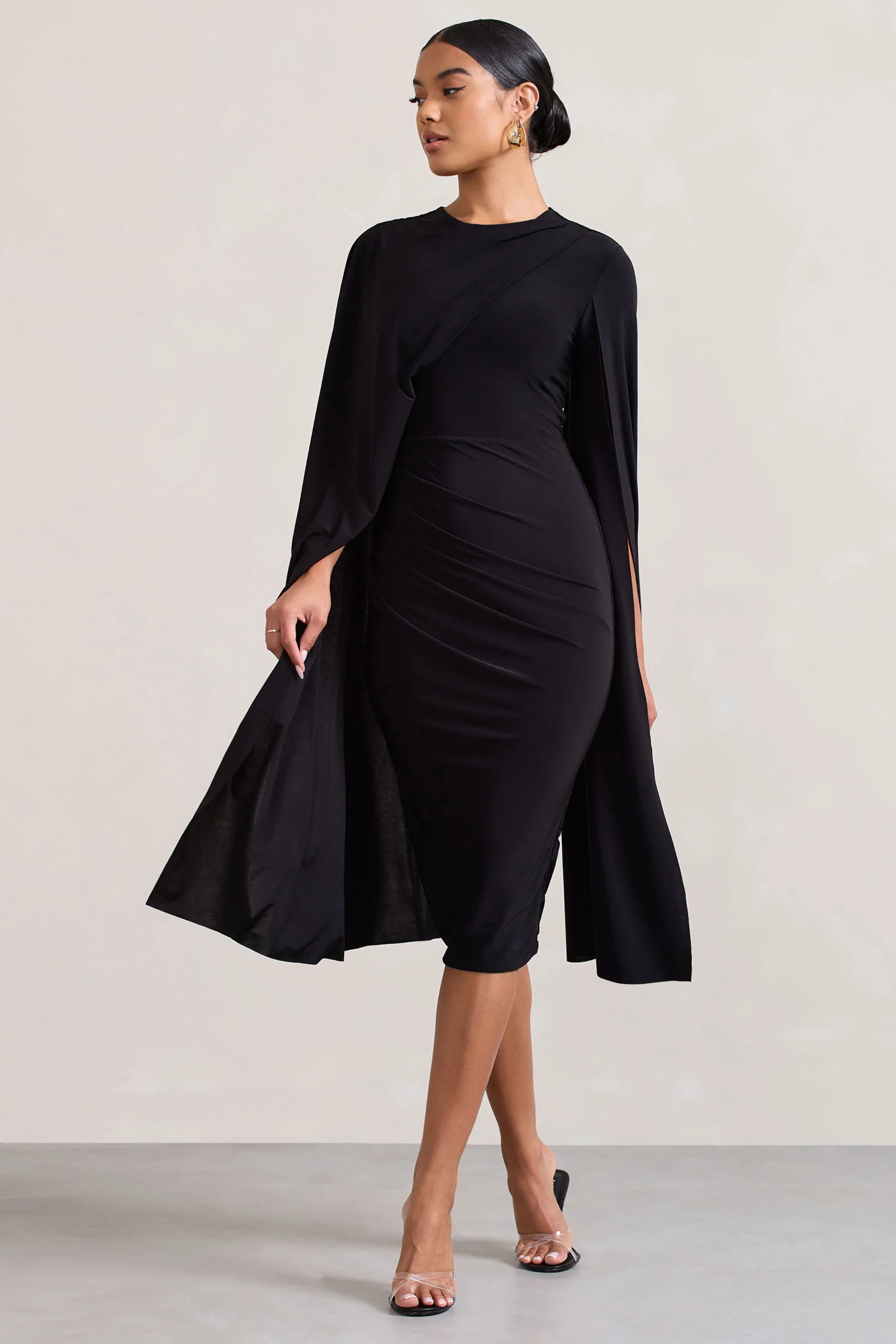Marysol | Zwarte Asymmetrische Cape Midi Jurk - Image 5