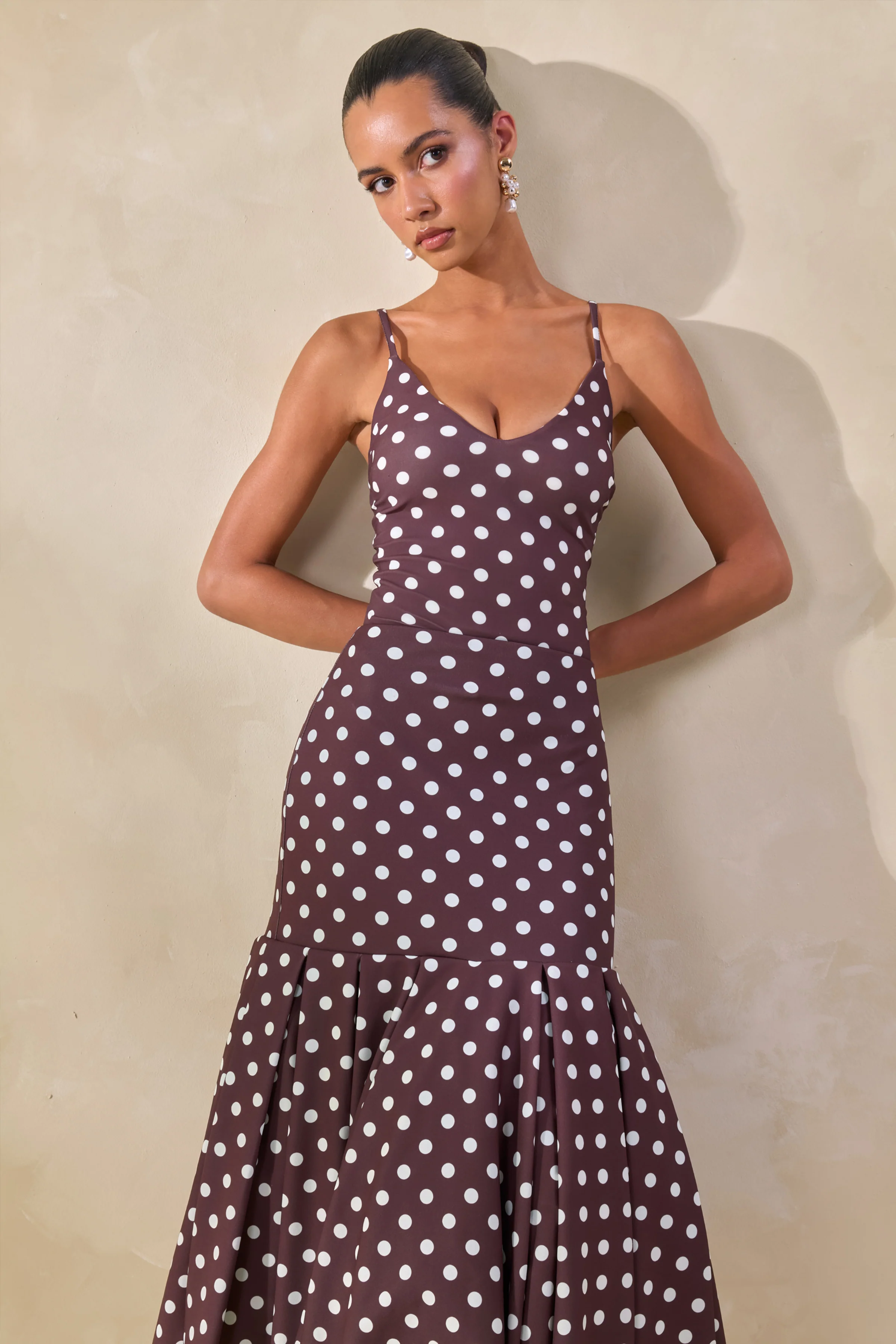Masie | Bruine Polkadot Midi Rok Met Verlaagde Taille - Image 5