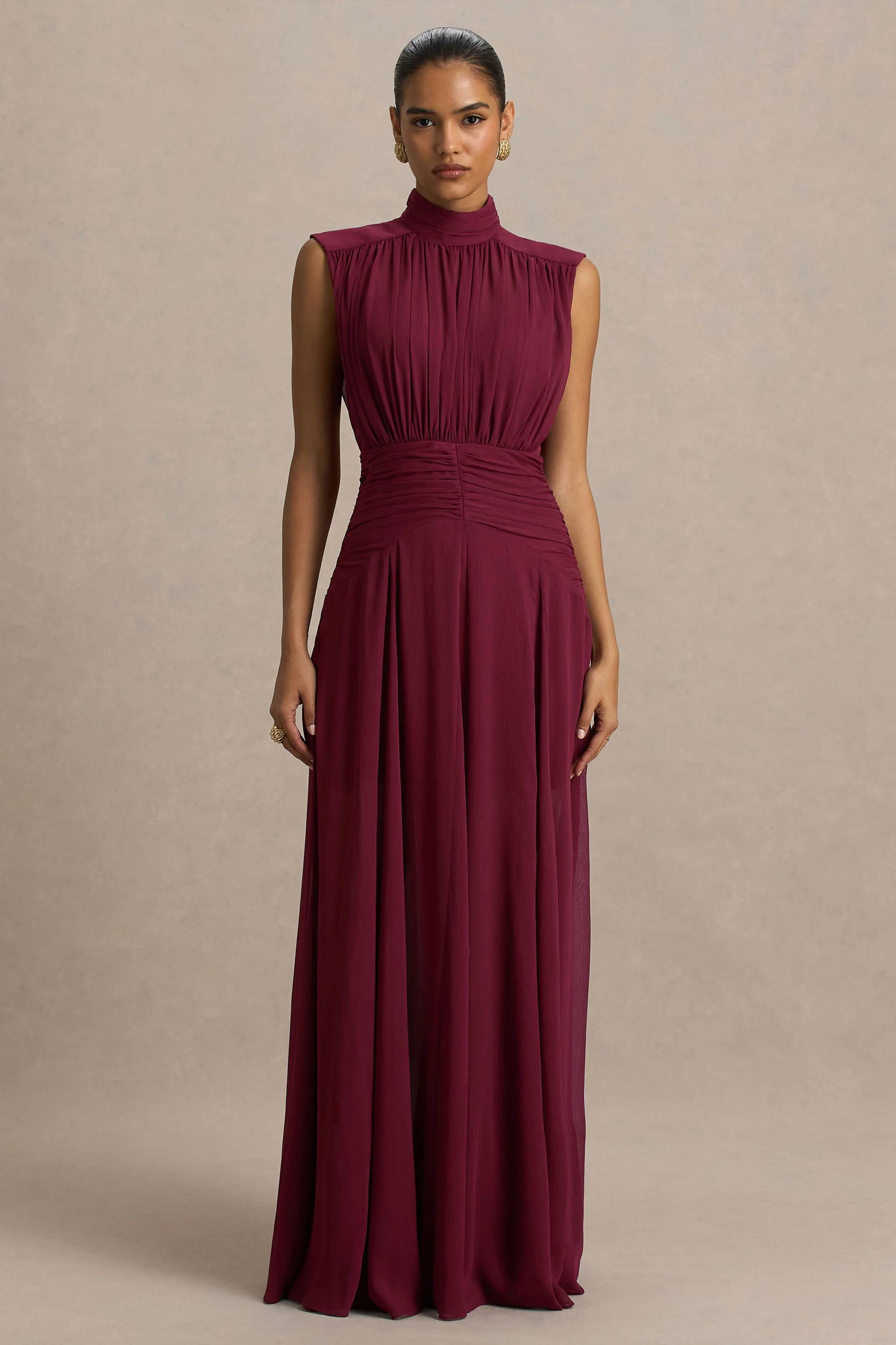 Melanina | Bordeaux Fishtail Maxi Jurk Met Hoge Hals En Gerimpeld Detail - Image 5