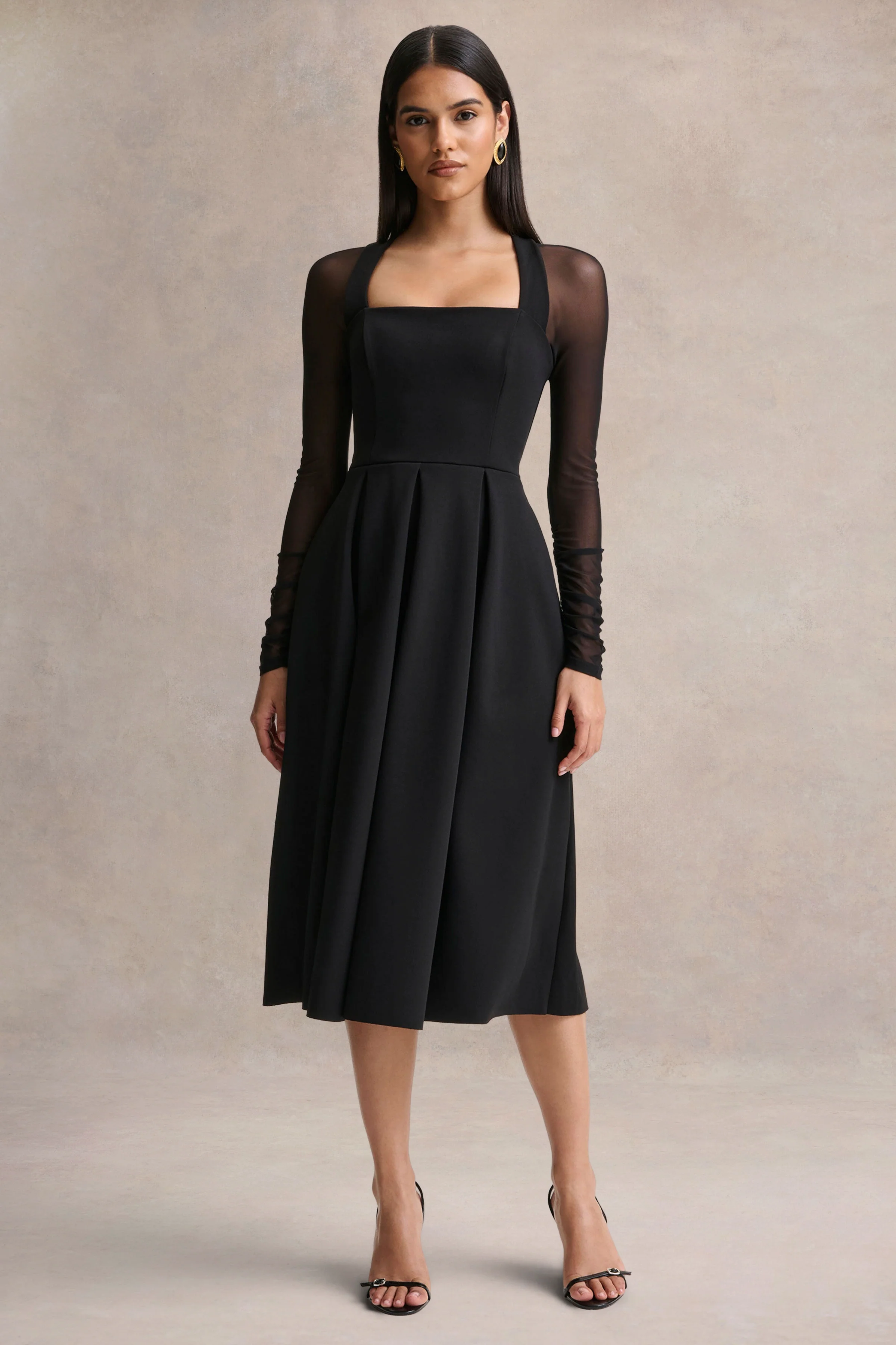 Melinda | Zwarte Vierkante Hals Midi Jurk Met Mesh Details
