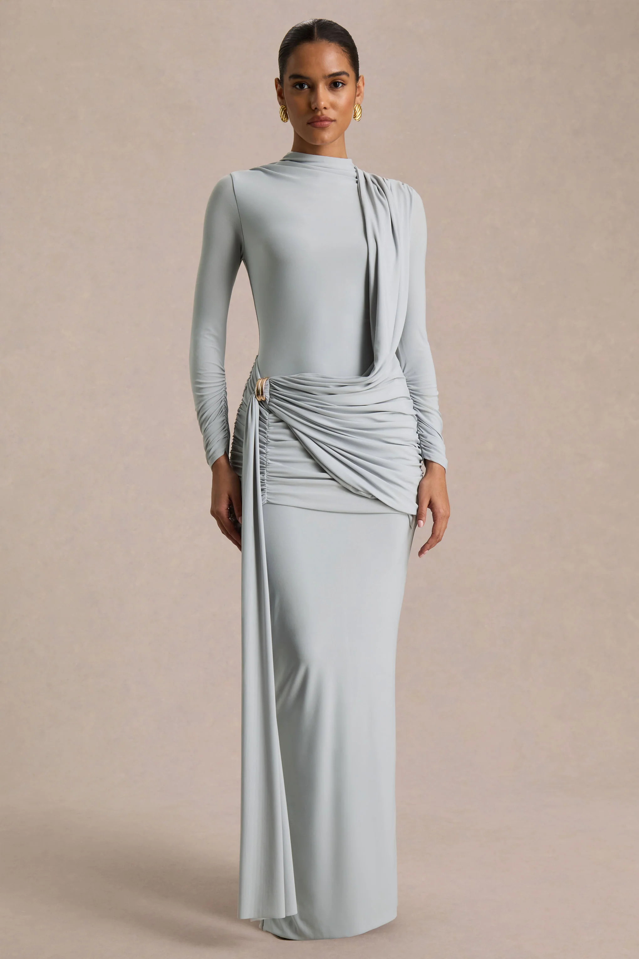Melissa | Blauwe Overslag Maxi Jurk Met Lange Mouwen En Gerimpelde Detail