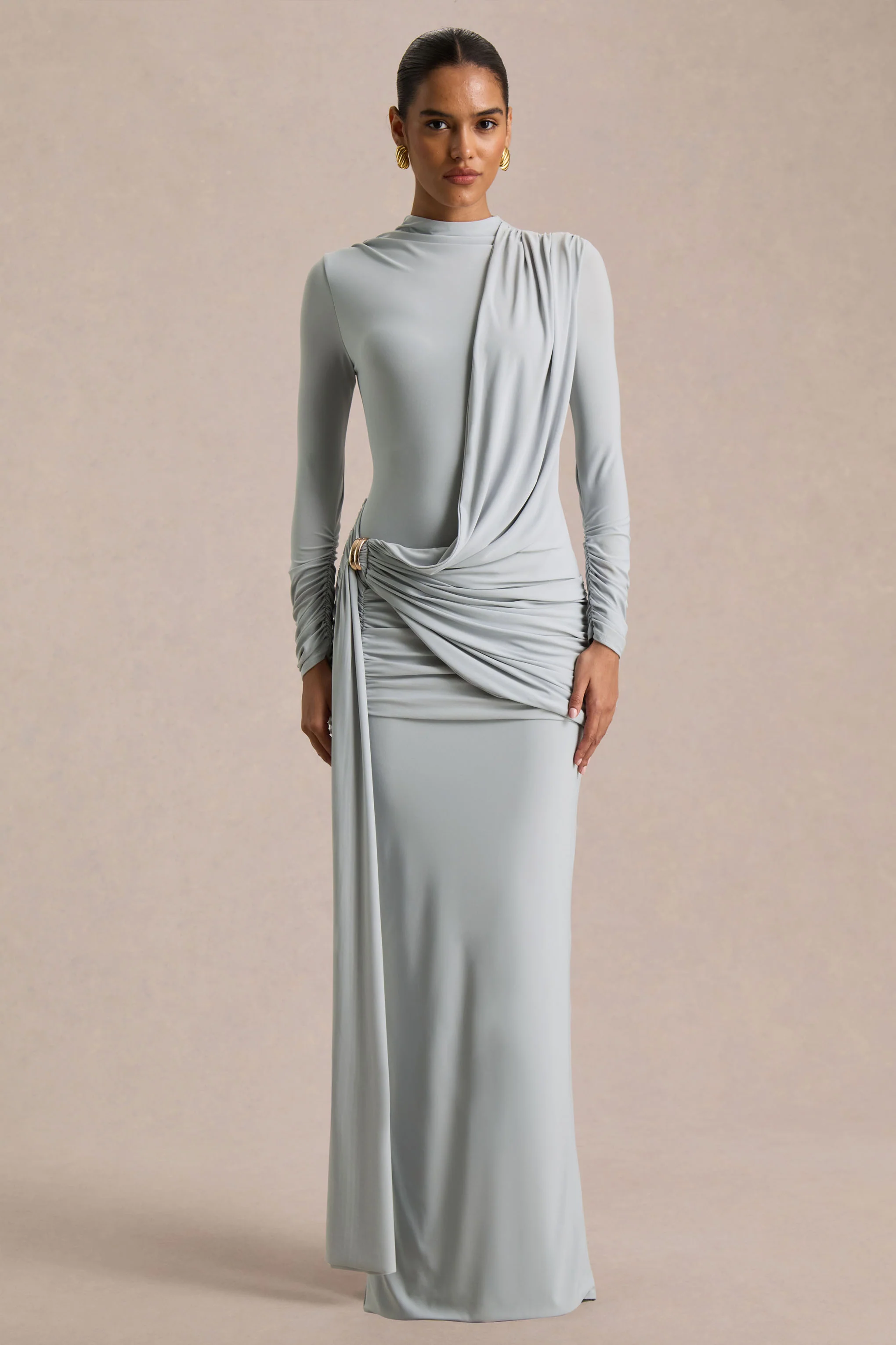 Melissa | Blauwe Overslag Maxi Jurk Met Lange Mouwen En Gerimpelde Detail - Image 4