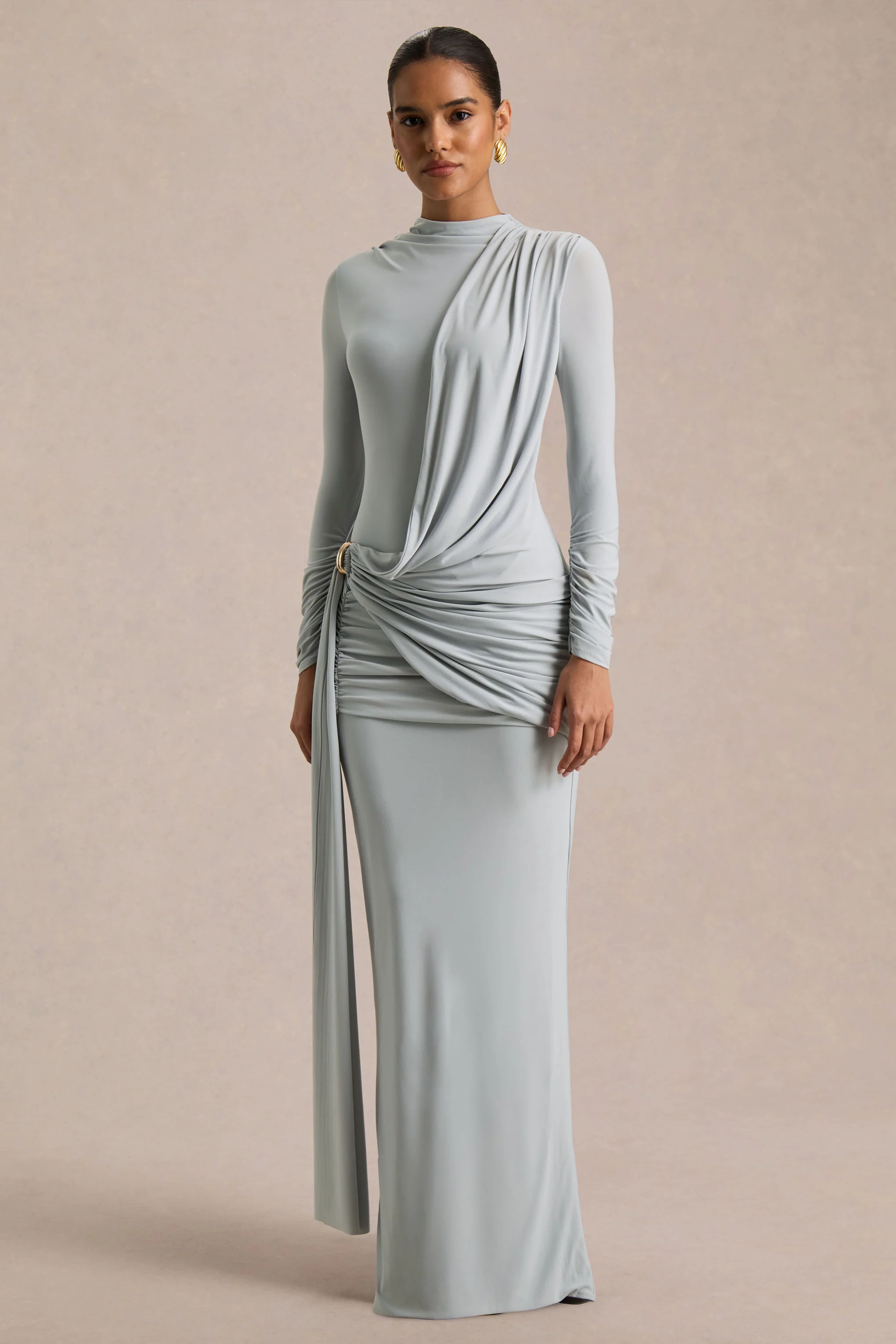 Melissa | Blauwe Overslag Maxi Jurk Met Lange Mouwen En Gerimpelde Detail - Image 5