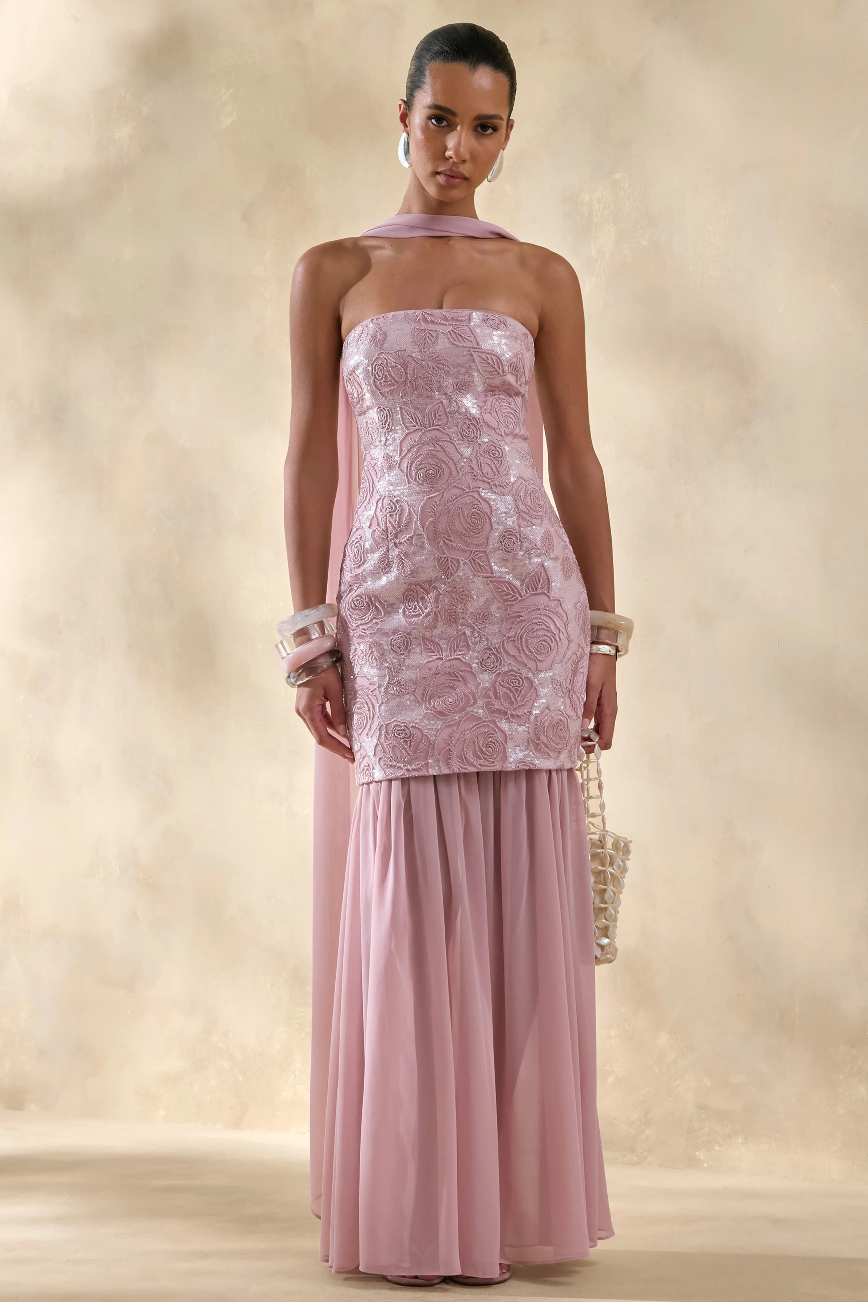 Meraly | Roze Paillette Bandeau Maxi Jurk Met Sjaal Detail