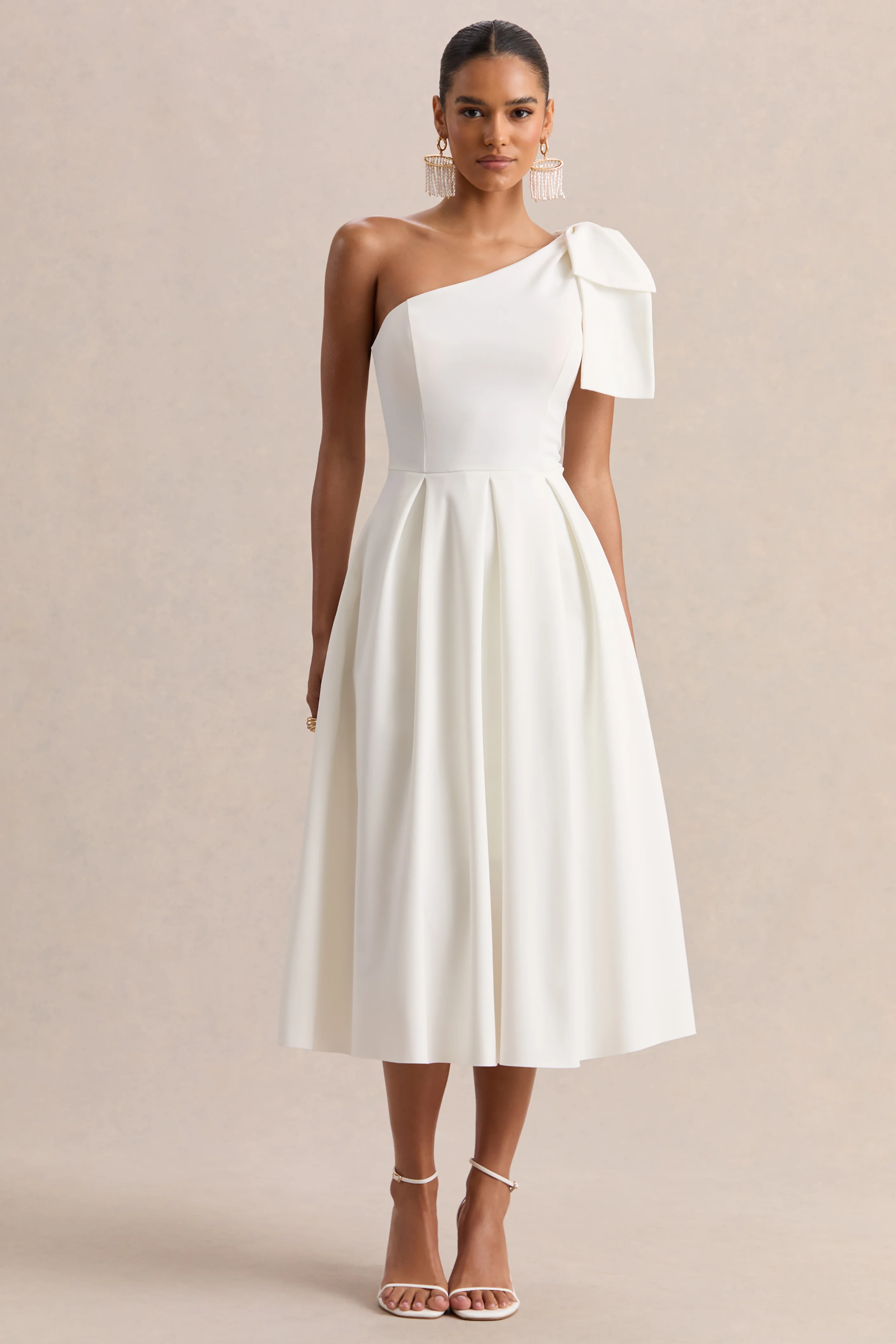 Meria | Witte Midi Jurk met Asymmetrische Hals en Strik Mouw