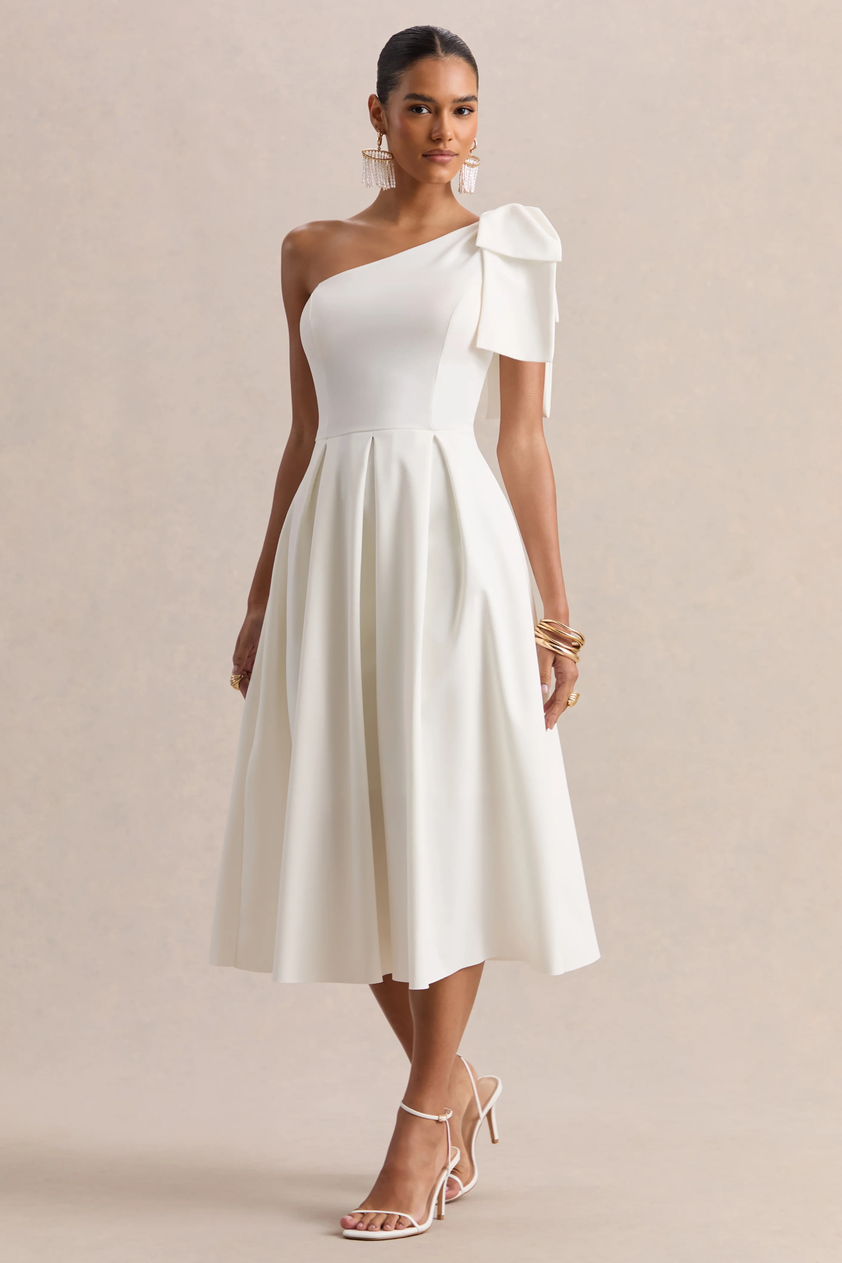 Meria | Witte Midi Jurk met Asymmetrische Hals en Strik Mouw - Image 4