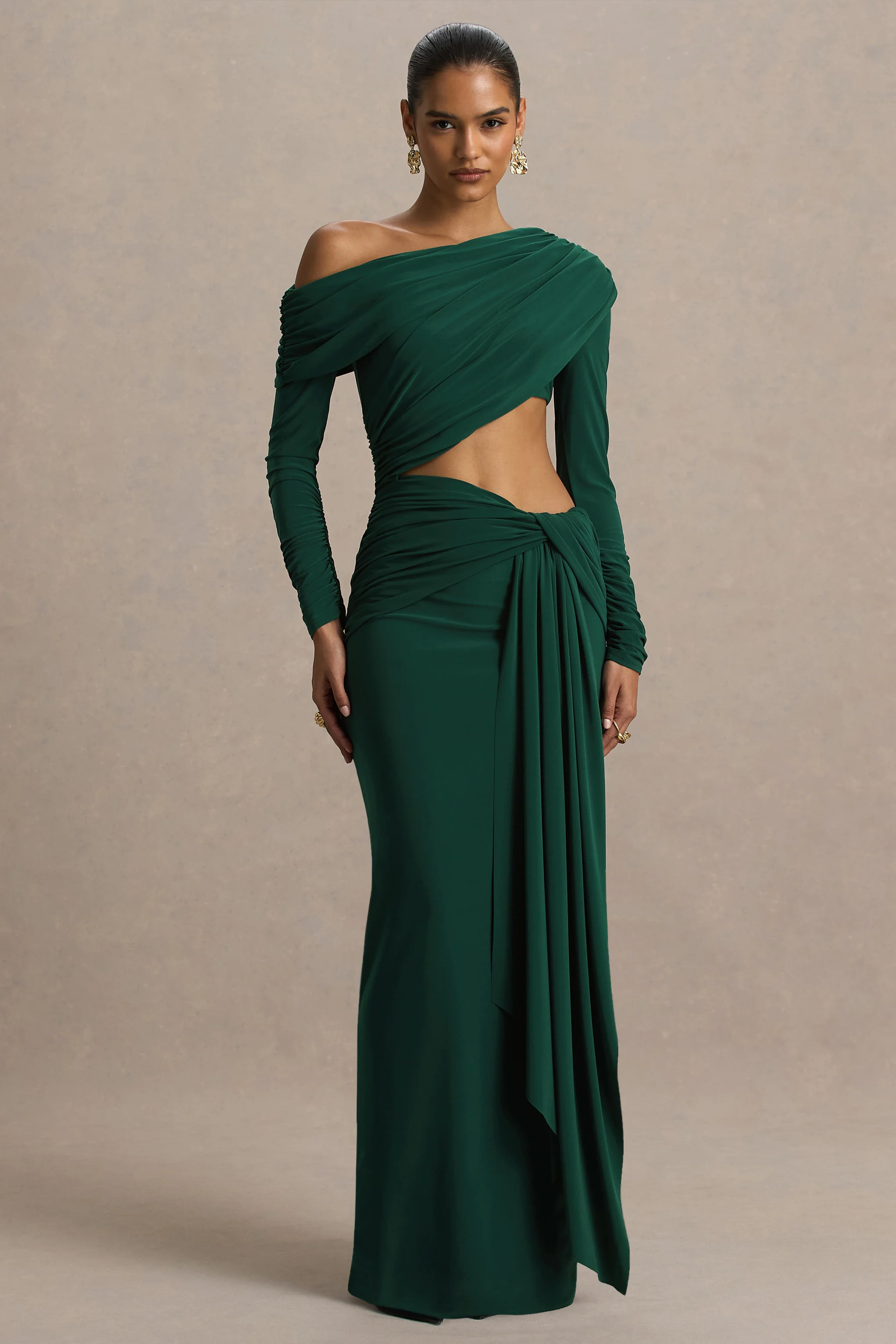 Mikayla | Donkergroene Asymmetrische Hals Overslag Maxi Jurk Met Uitsnijding En Gerimpeld Details