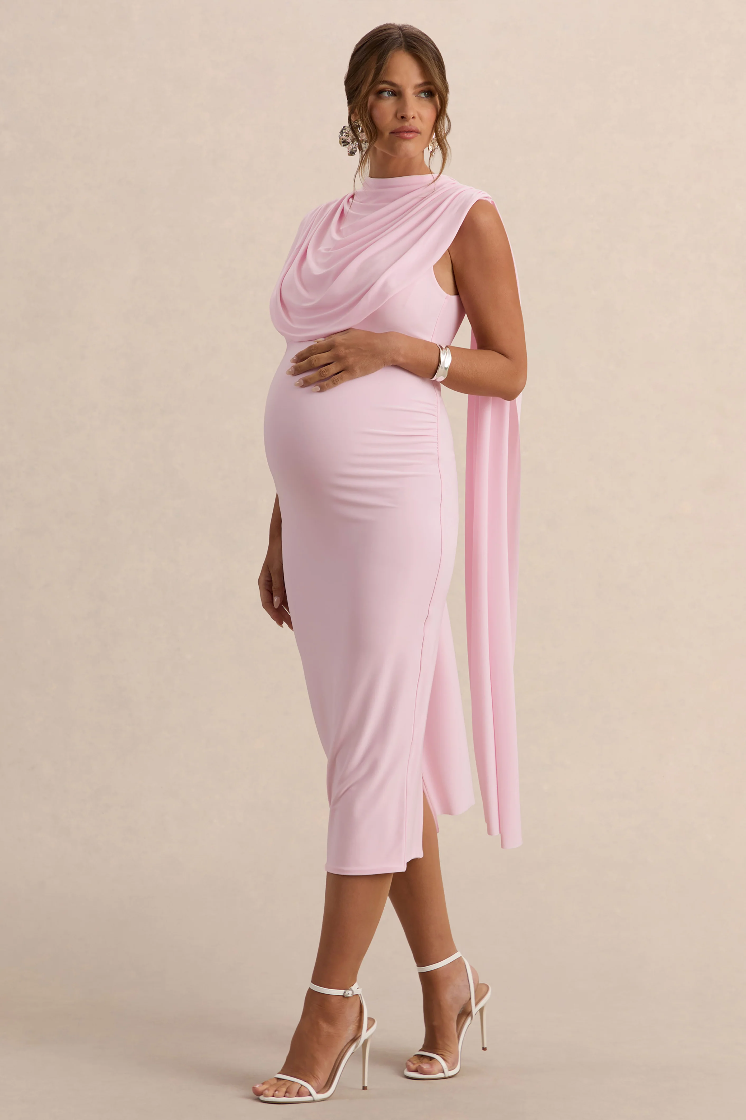 Milaine | Licht Roze Zwangerschaps Midi Jurk Met Ronde Hals En Cape Mouwen