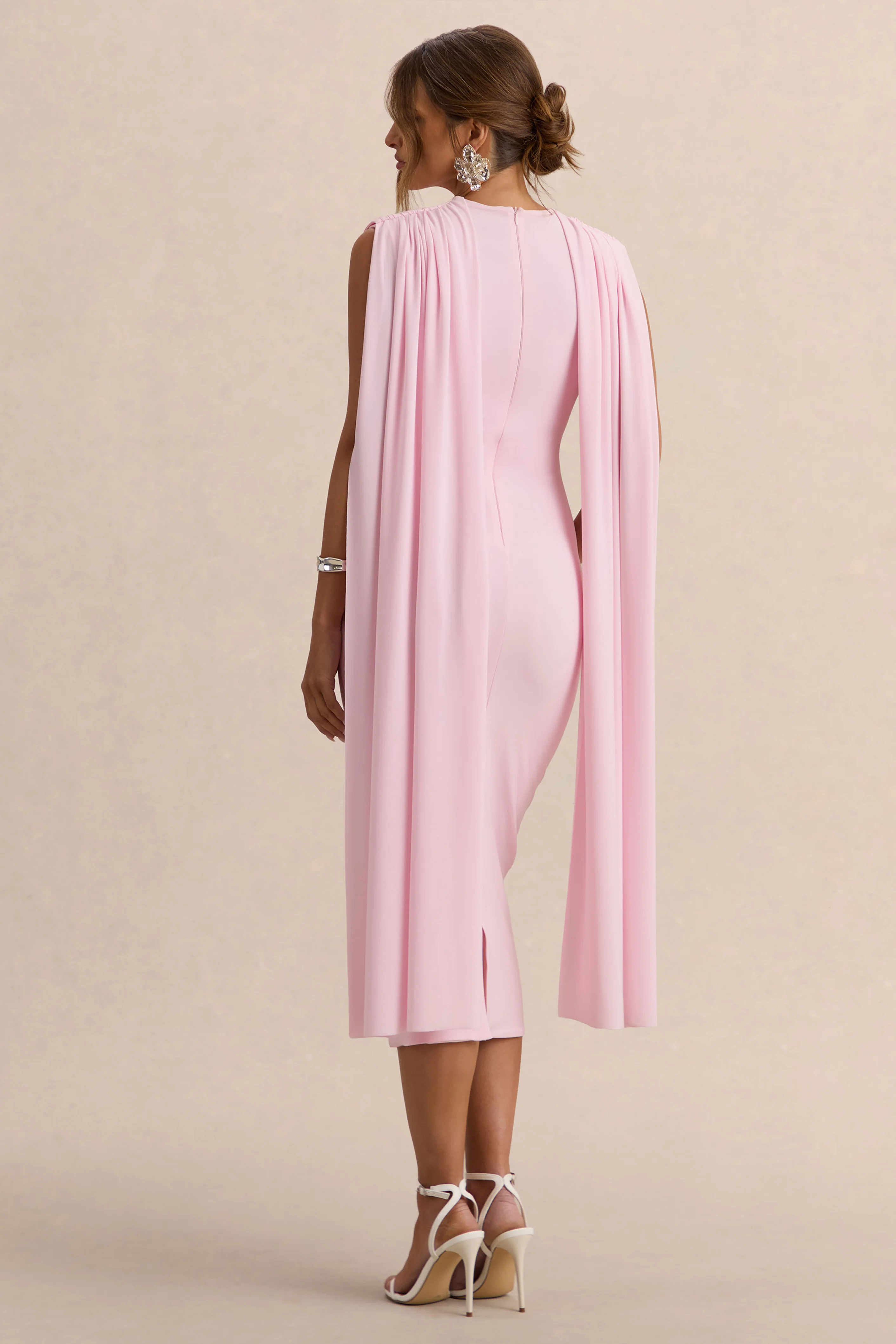 Milaine | Licht Roze Zwangerschaps Midi Jurk Met Ronde Hals En Cape Mouwen - Image 2