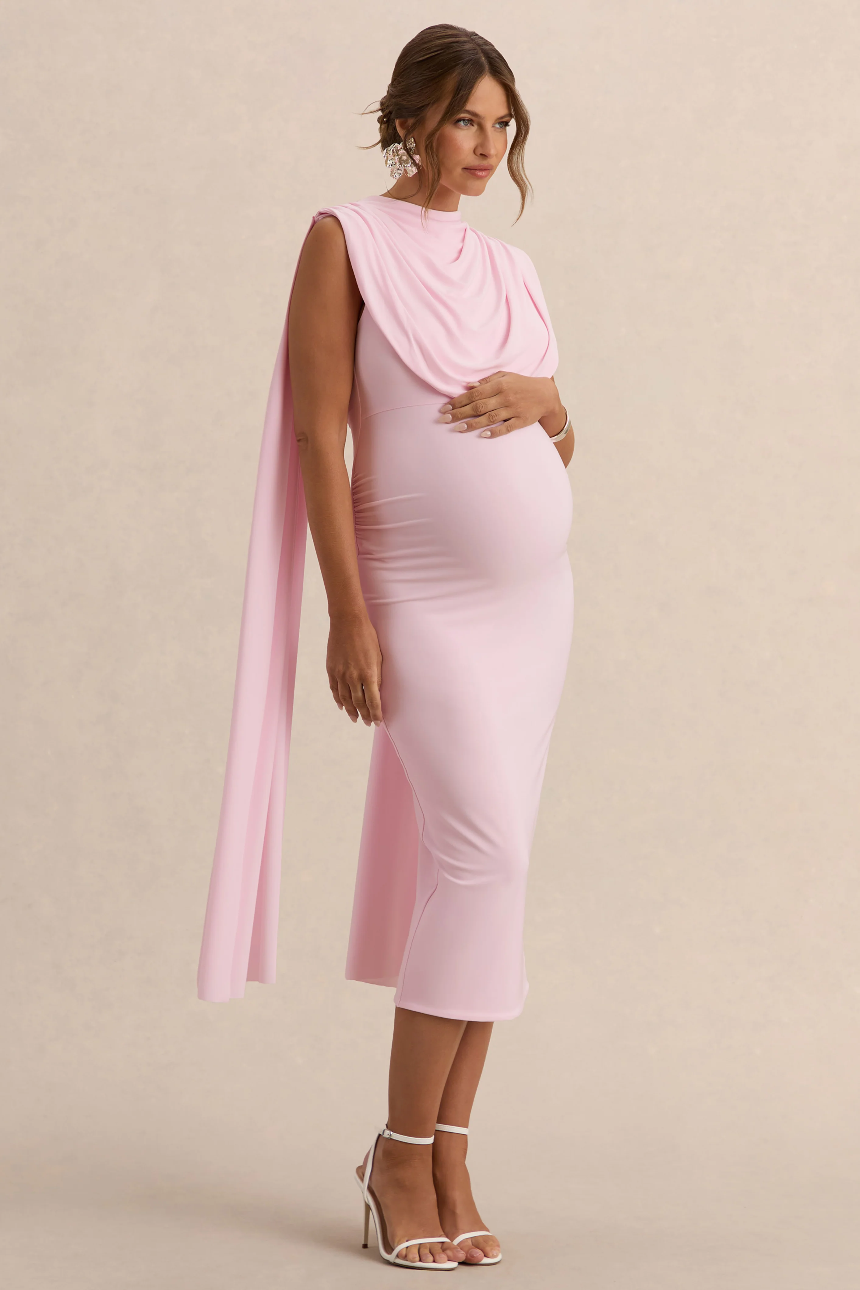 Milaine | Licht Roze Zwangerschaps Midi Jurk Met Ronde Hals En Cape Mouwen - Image 4