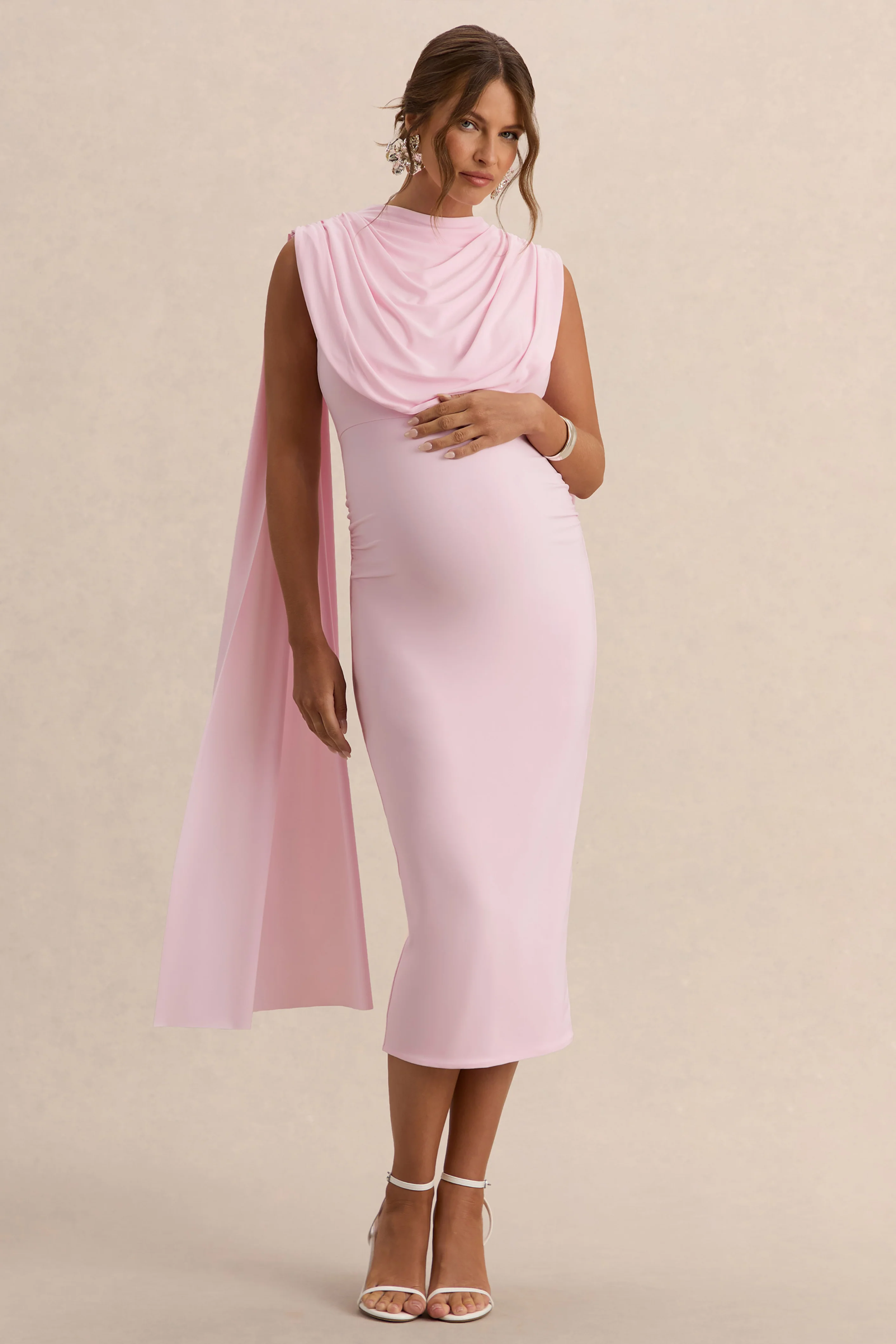 Milaine | Licht Roze Zwangerschaps Midi Jurk Met Ronde Hals En Cape Mouwen - Image 5