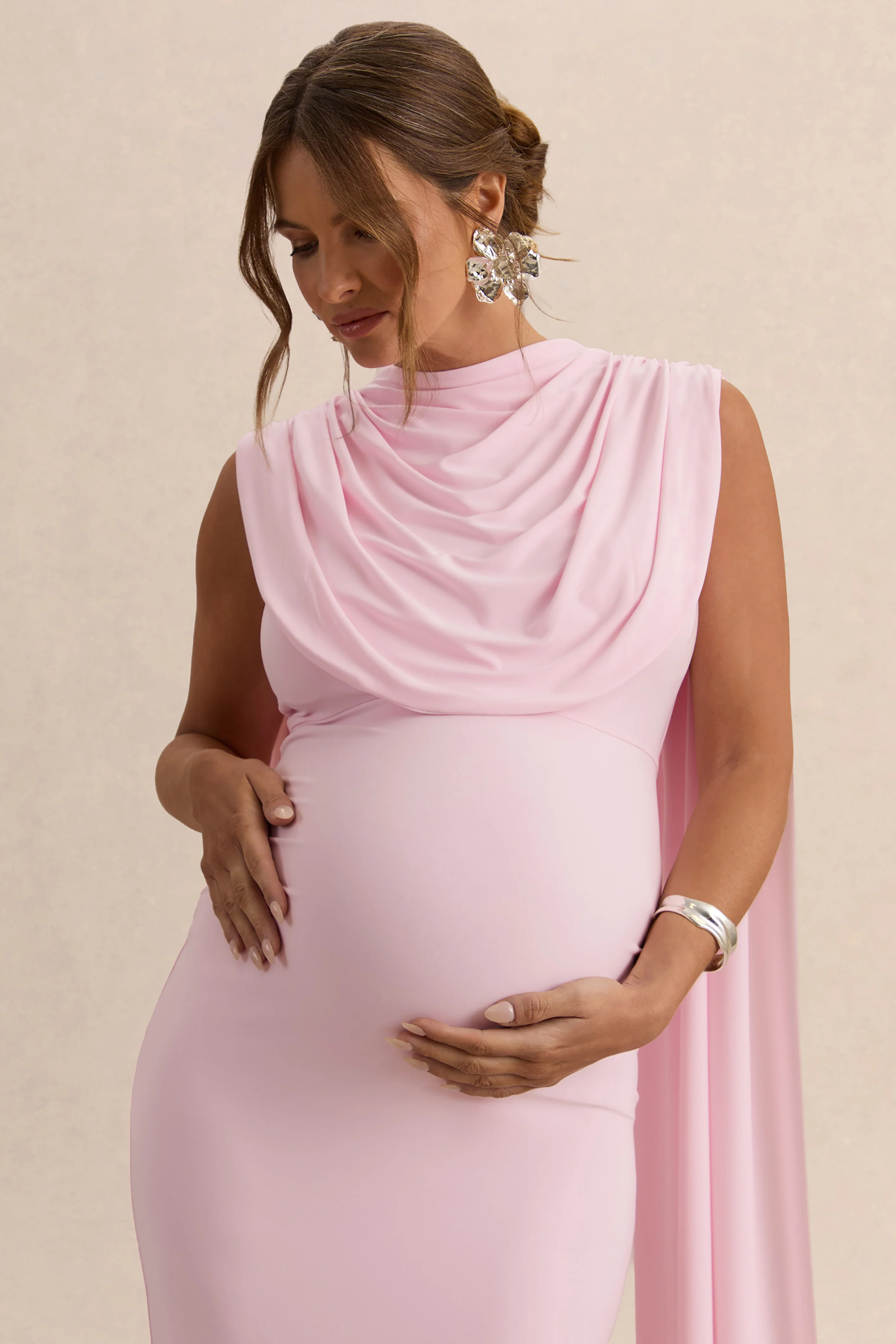 Milaine | Licht Roze Zwangerschaps Midi Jurk Met Ronde Hals En Cape Mouwen - Image 6