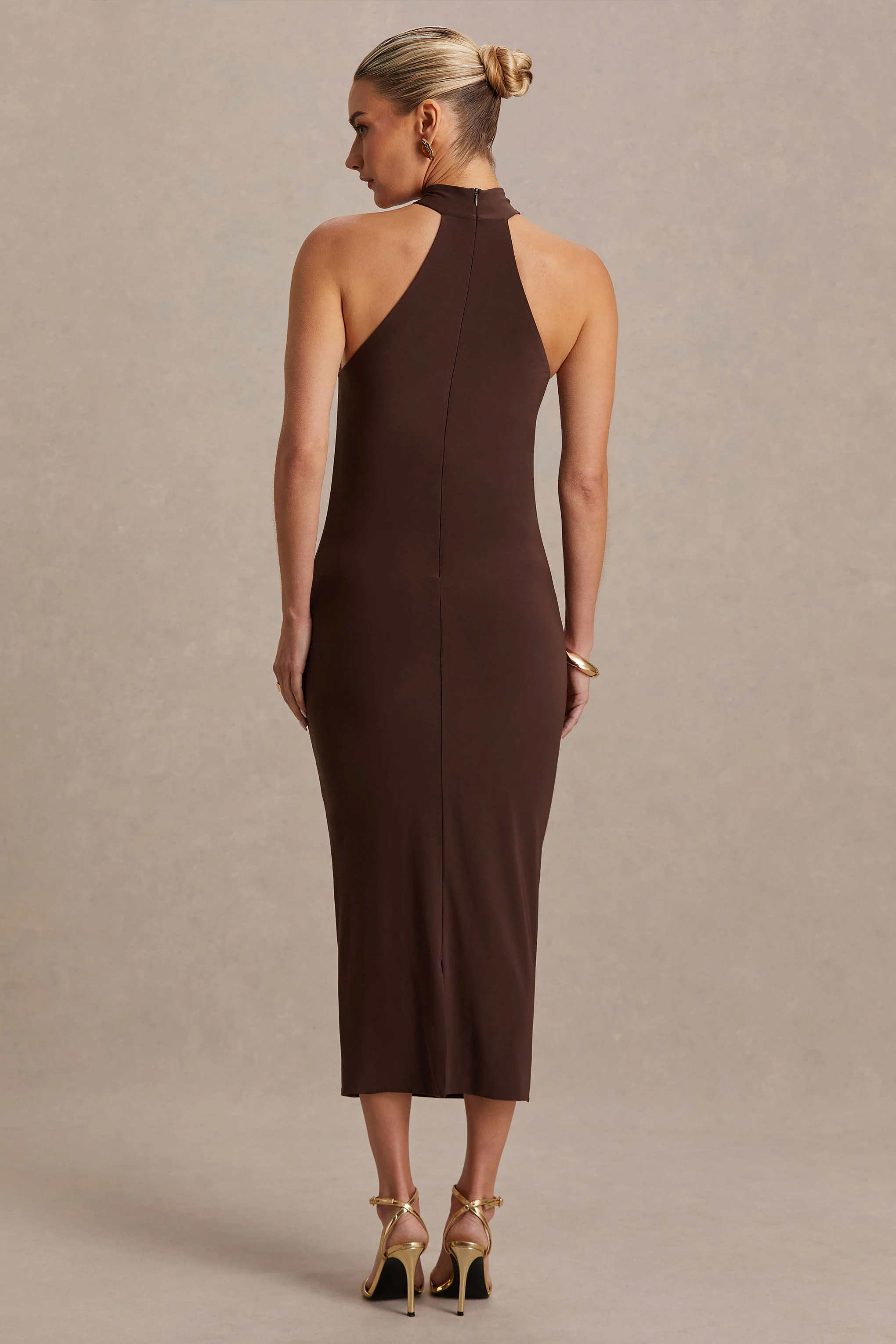 Mireille | Bruin Zwangerschaps-Midi Jurk Met Halternek - Image 2