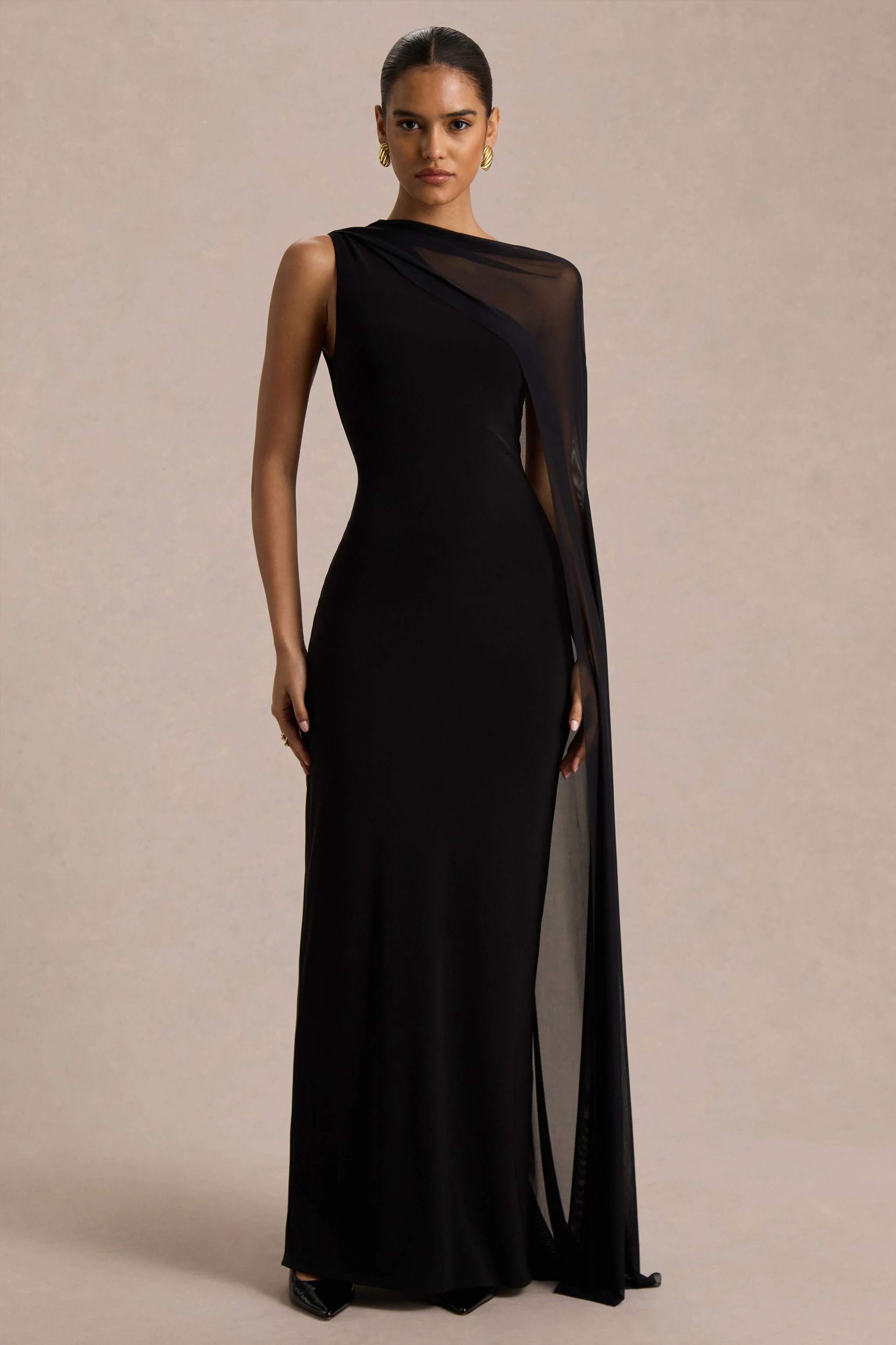 Mirelle | Zwarte Asymmetrische Hals Maxi Jurk Met Transparante Cape‑Mouwen - Image 4